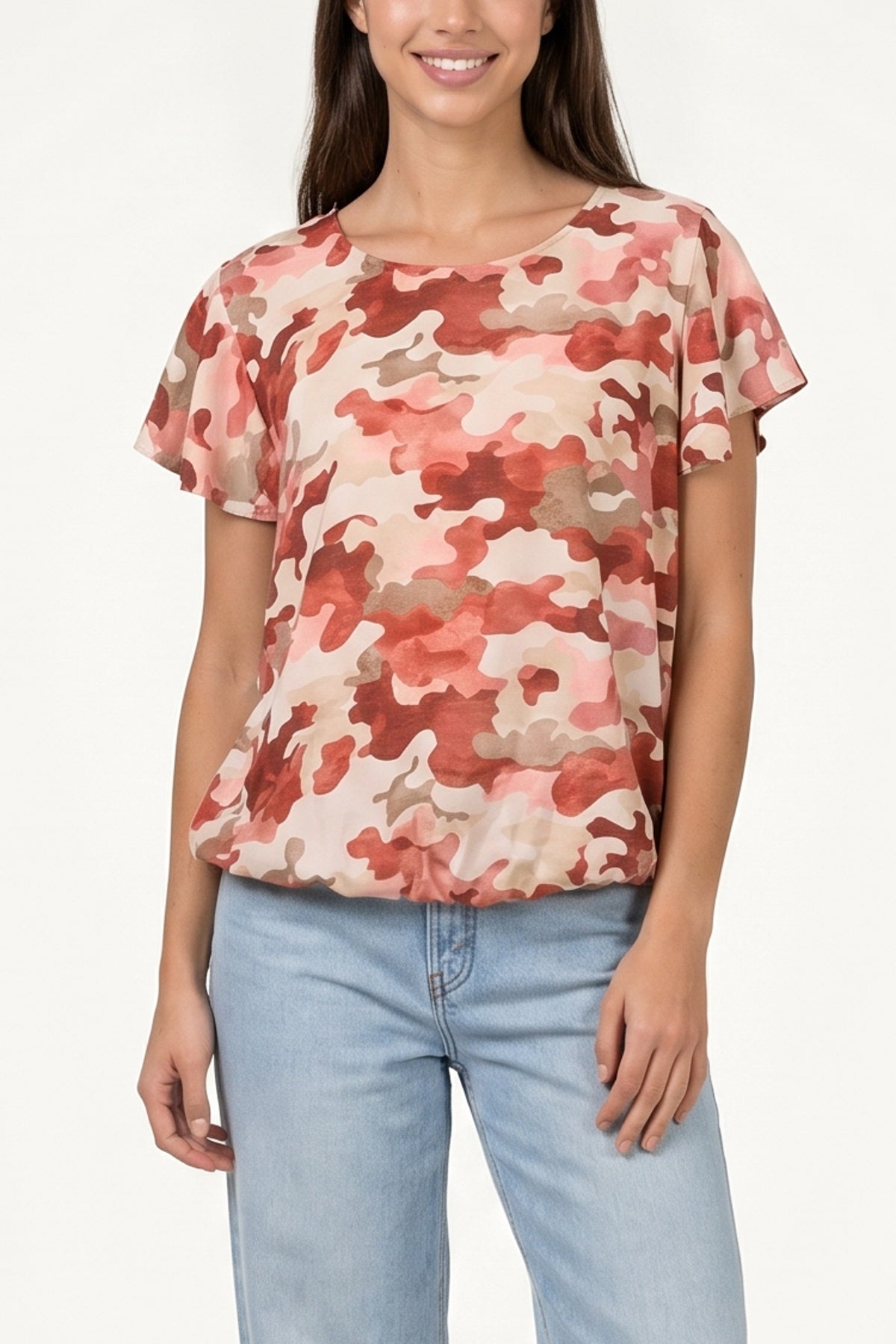 Frill Sleeve Camouflage Print Top