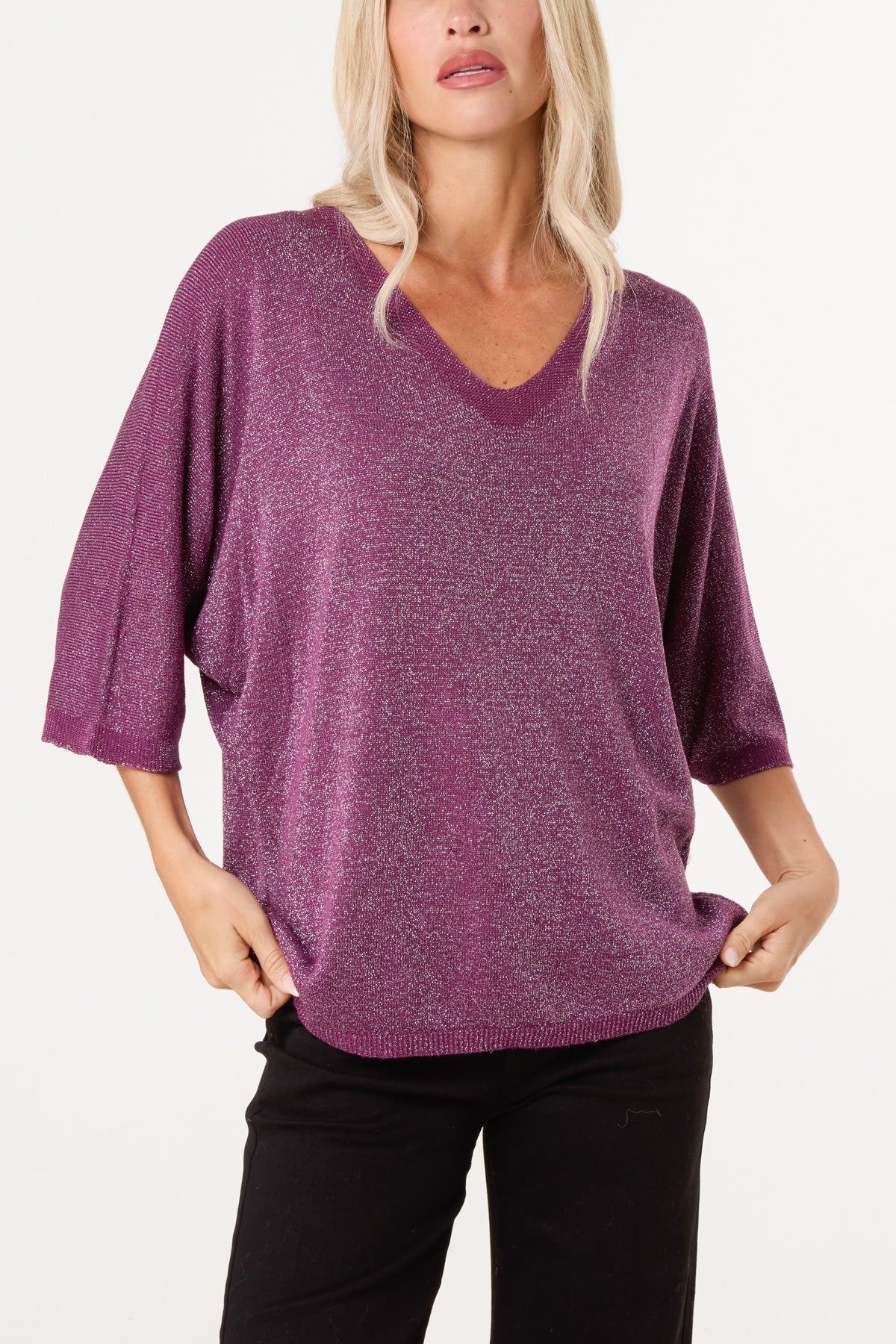 Sparkly Effect V-Neck 3/4 Sleeve Knit Top