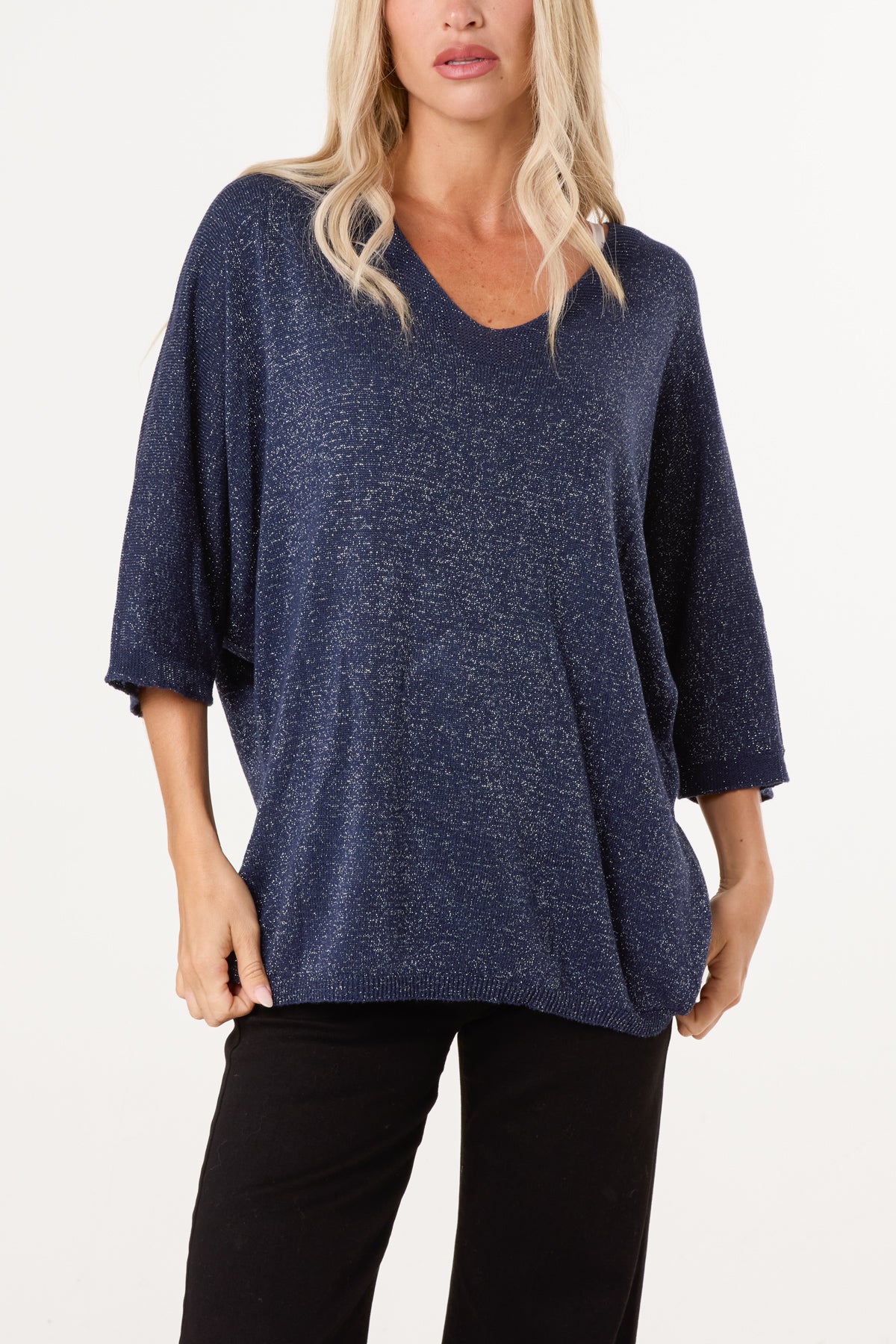 Sparkly Effect V-Neck 3/4 Sleeve Knit Top