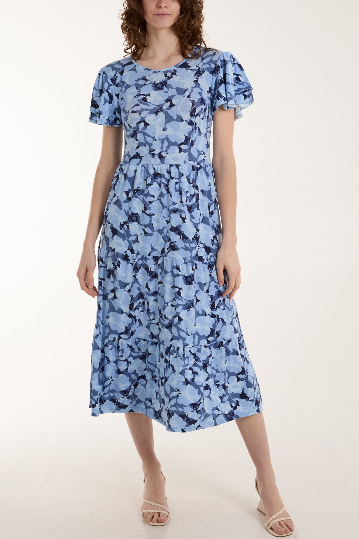 Angel Sleeve Leaf Print Midi Dress