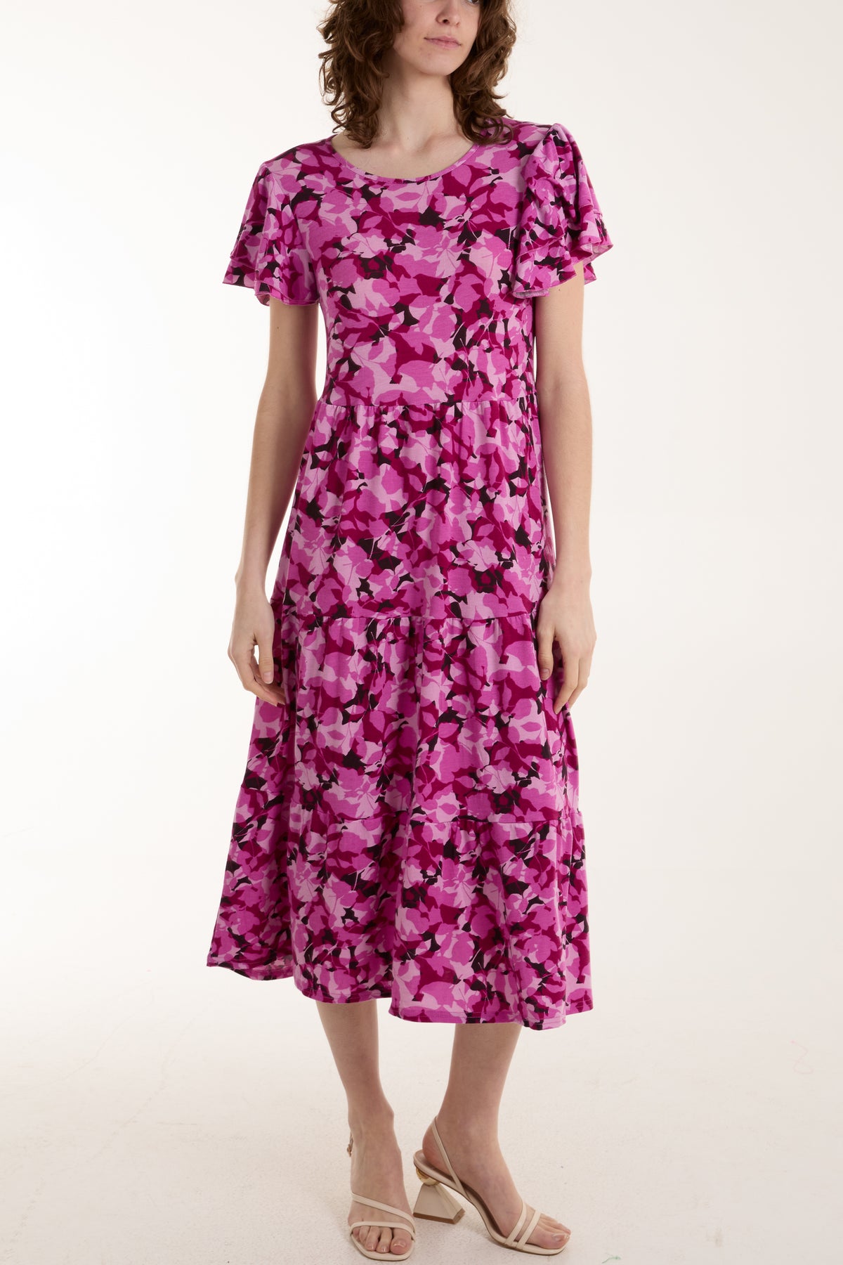 Angel Sleeve Leaf Print Midi Dress