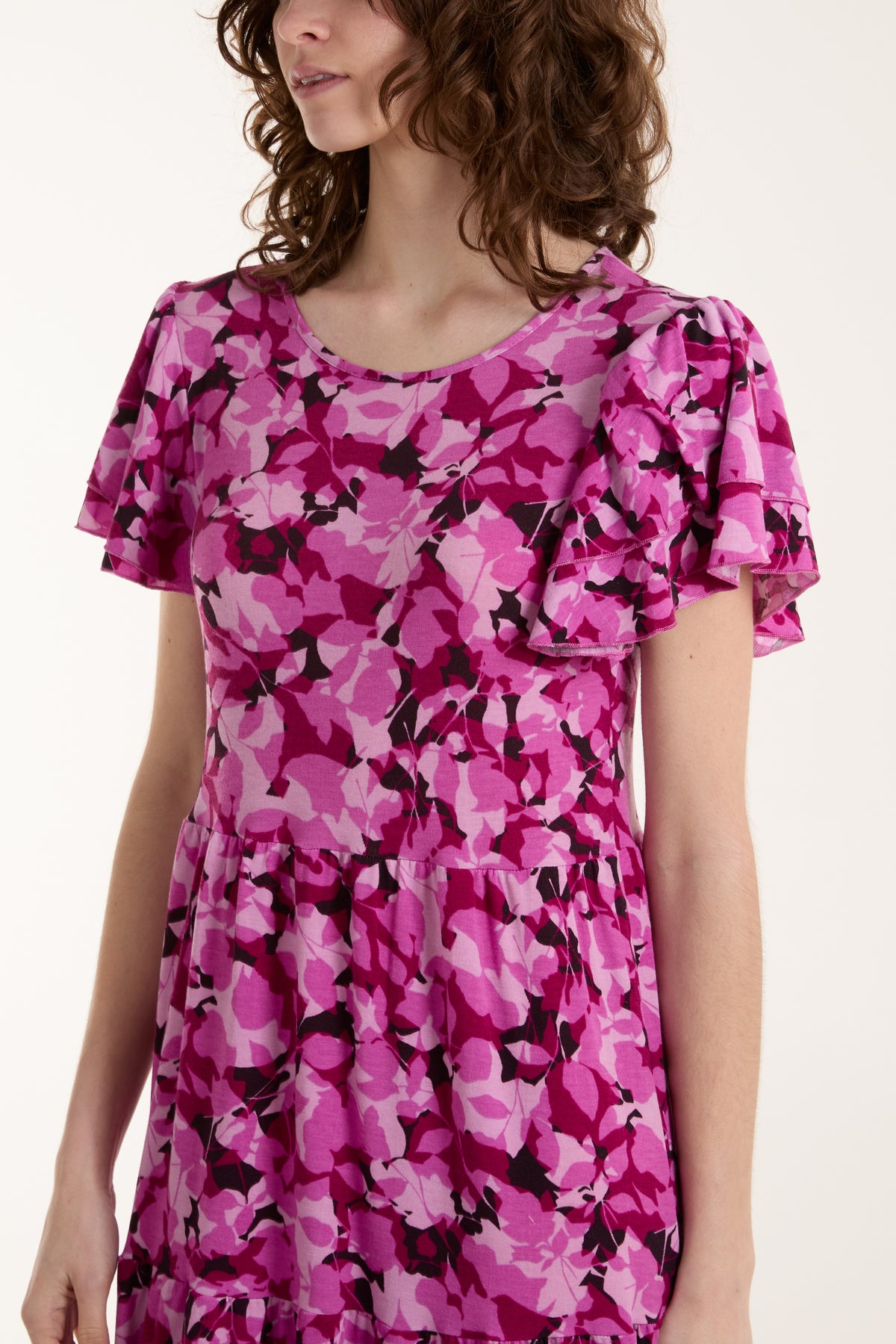 Angel Sleeve Leaf Print Midi Dress