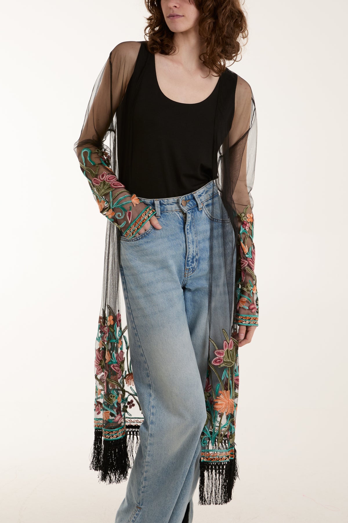 Longline Mesh Embroidered Tassel Kaftan