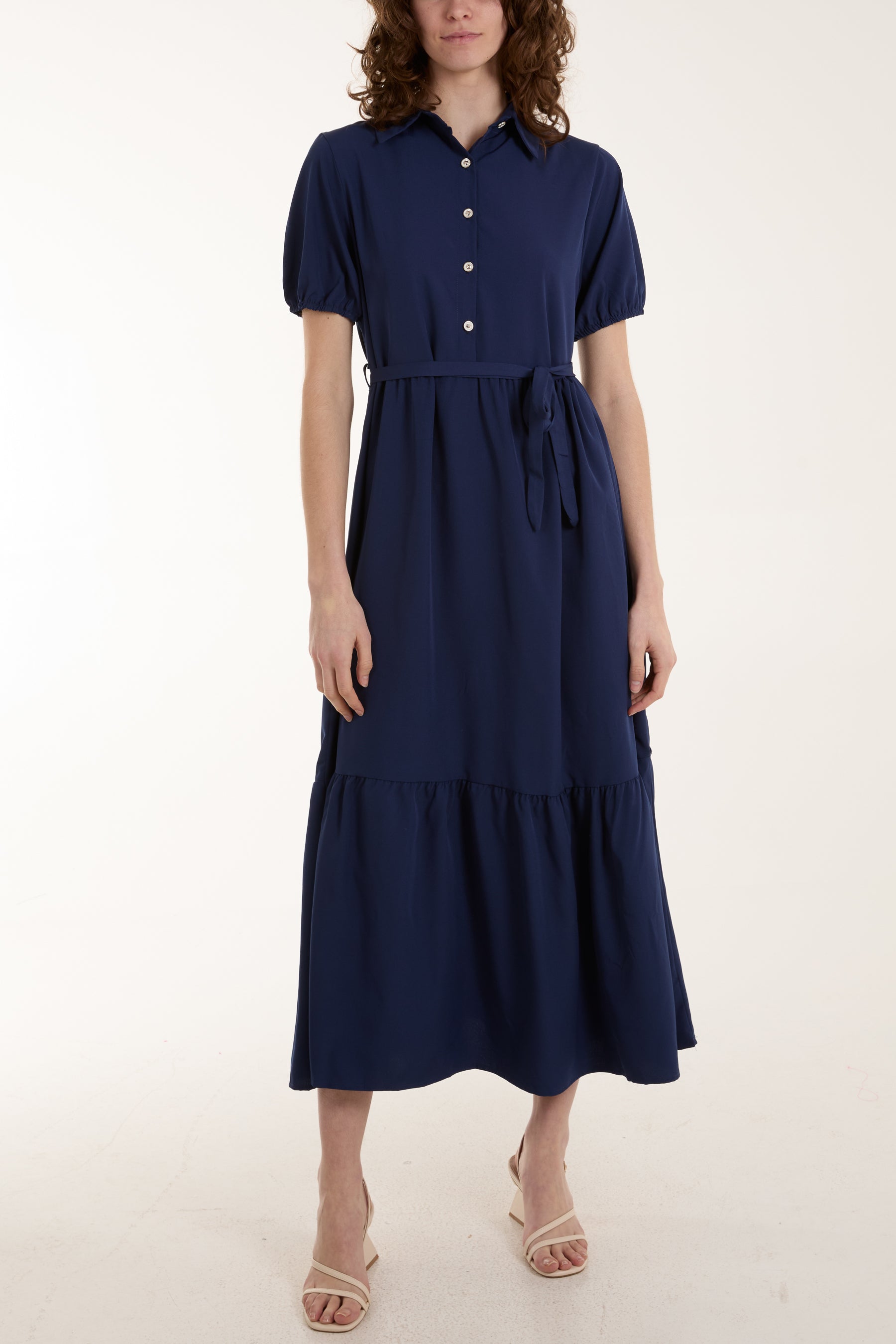 Mittoshop Button Up Collared Tiered Maxi Shirt Dress