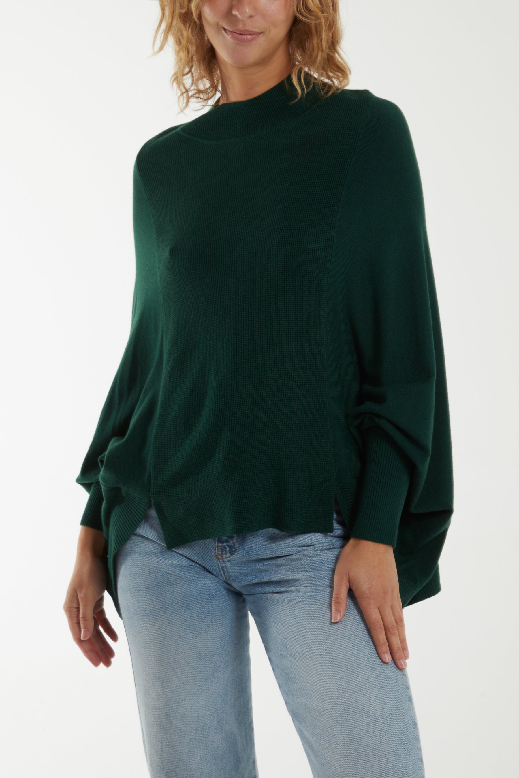 Batwing Split Hem High Neck Jumper