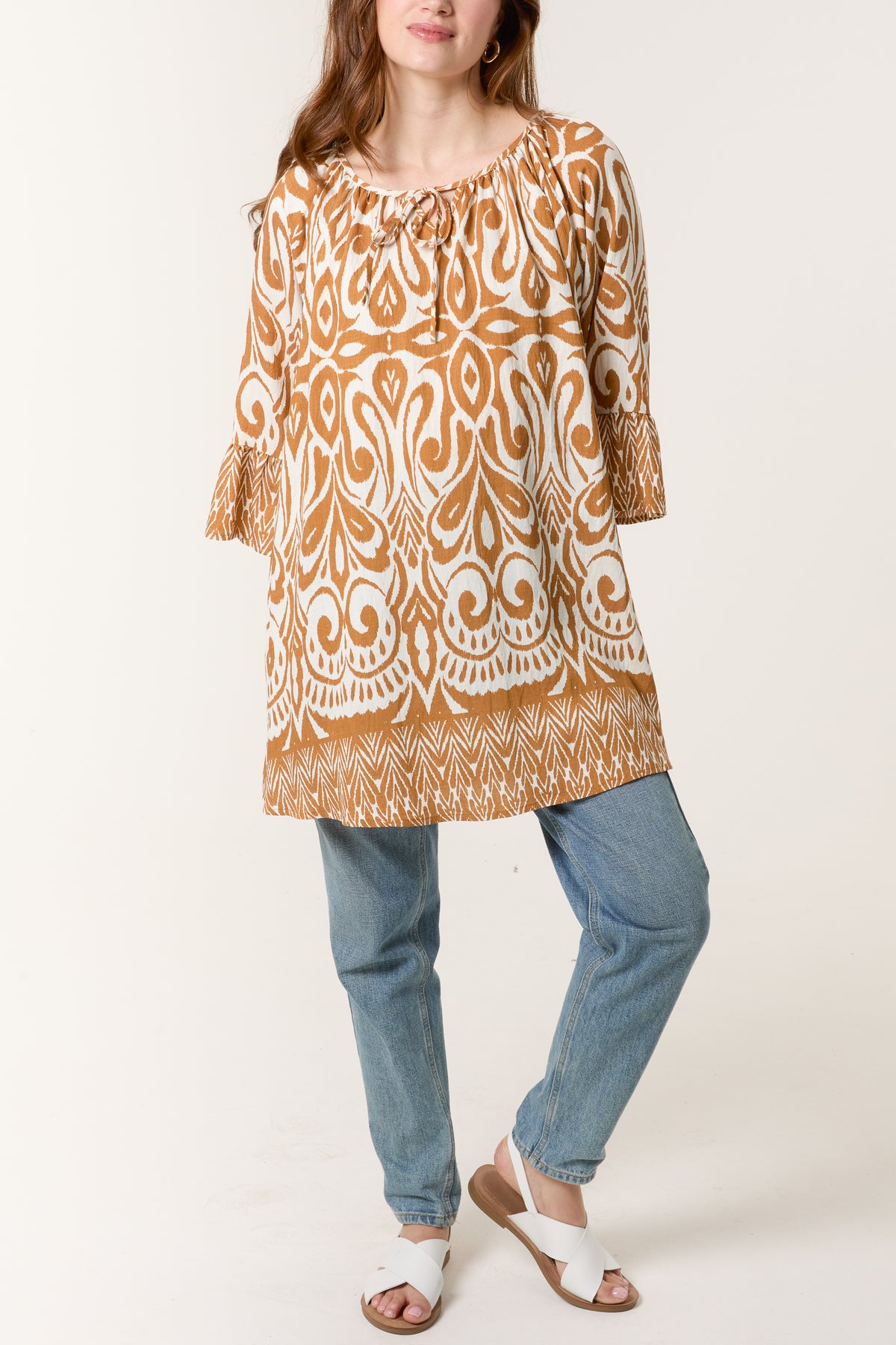 Border Print Top With Frill Sleeves