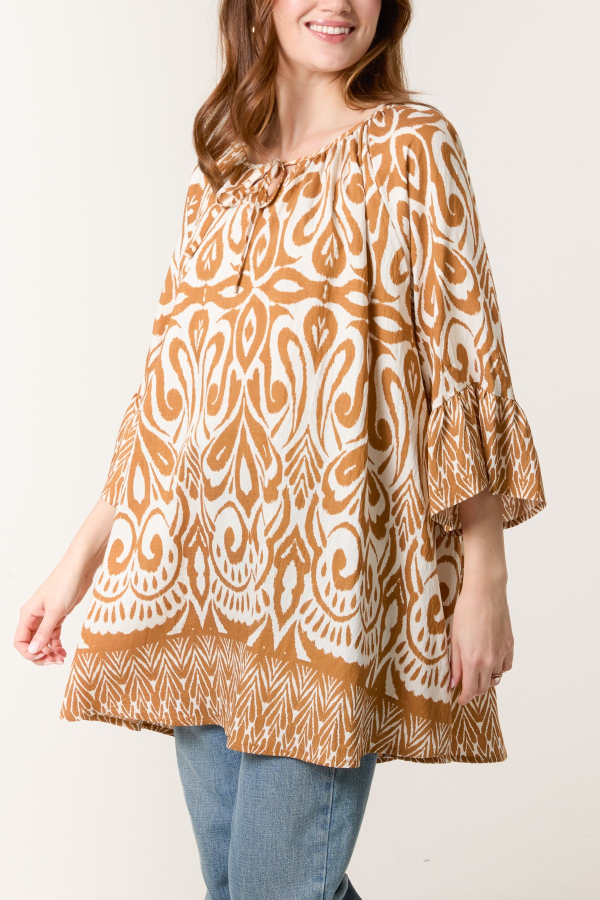 Border Print Top With Frill Sleeves