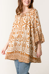Border Print Top With Frill Sleeves