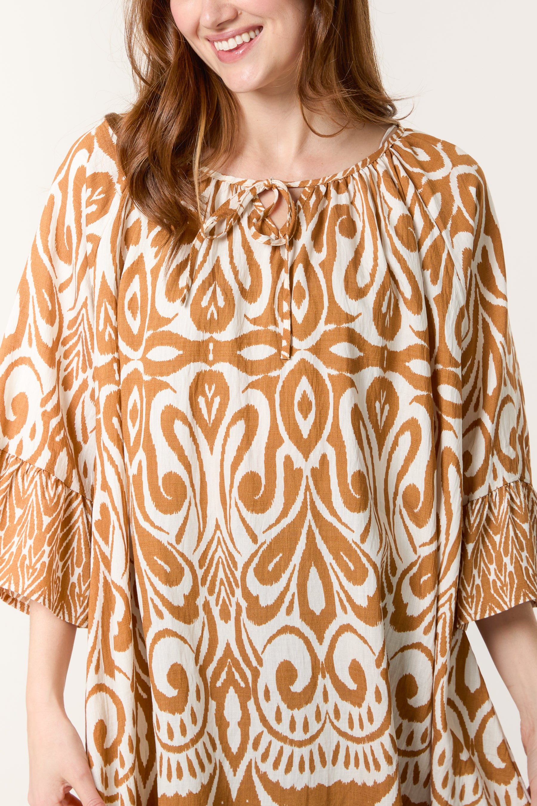 Border Print Top With Frill Sleeves