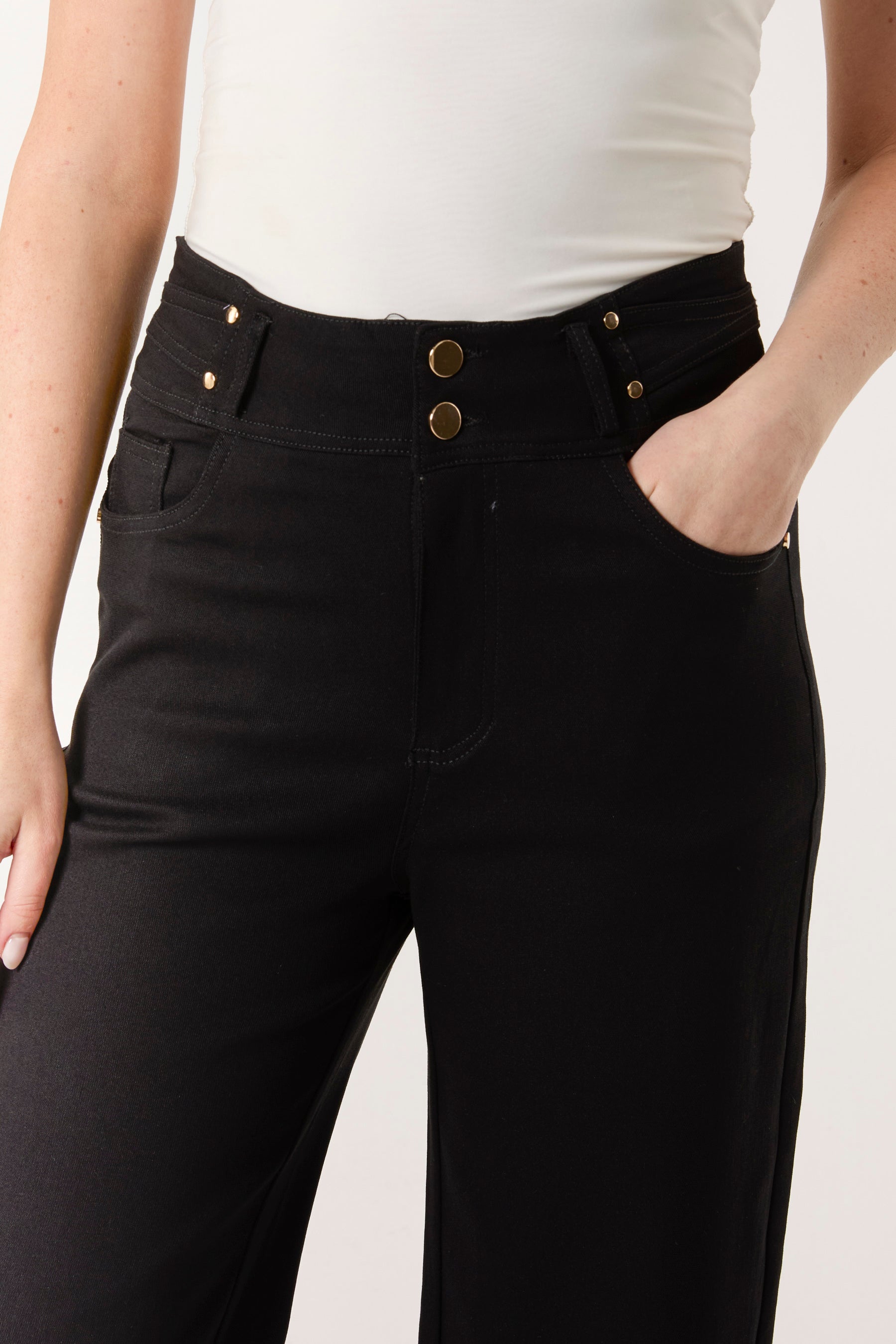 Double Gold Button Detail High Waisted Jeans