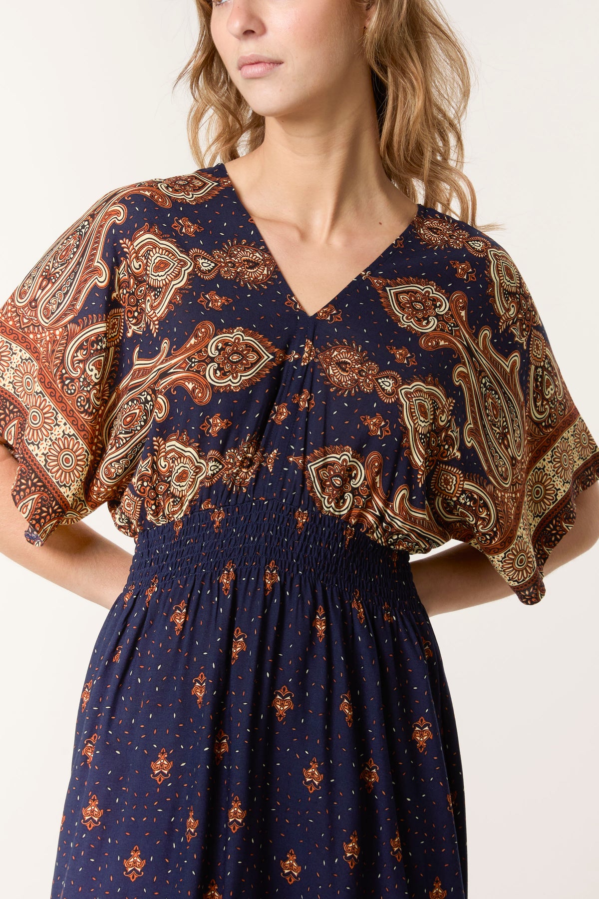 Printed Shirred Waist Midi Dress