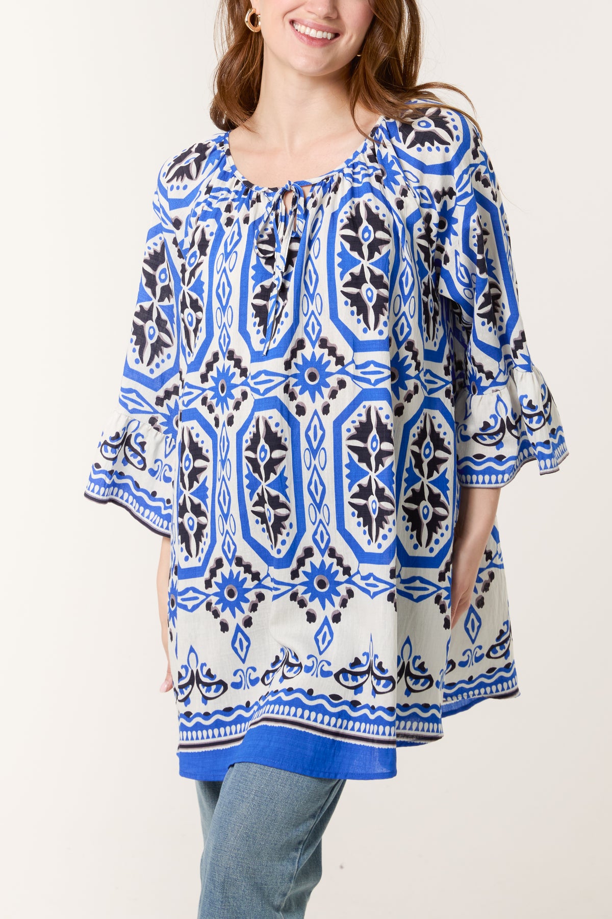 Bell Sleeve Mosaic Print Top