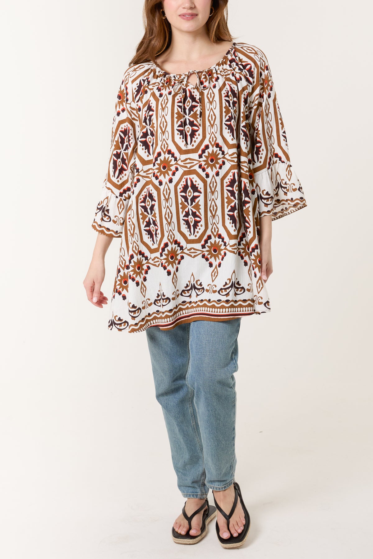 Bell Sleeve Mosaic Print Top