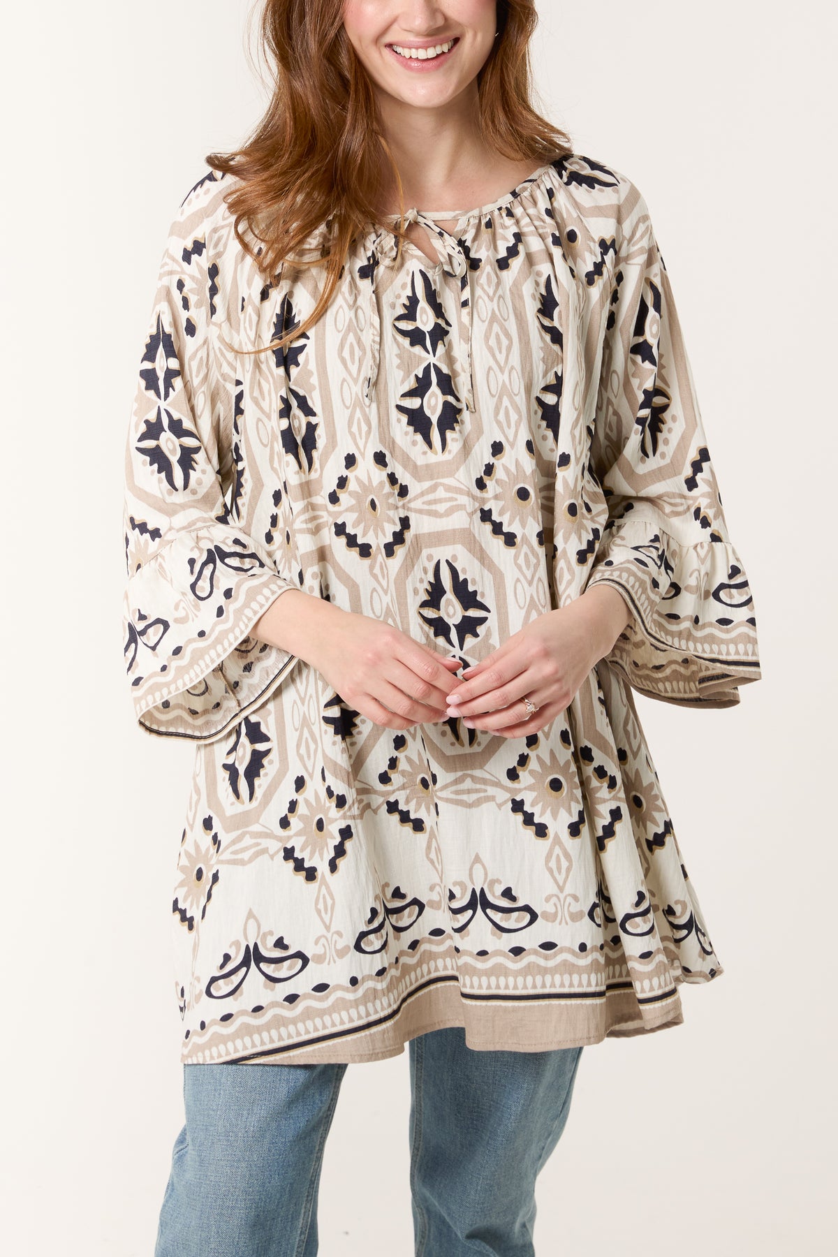 Bell Sleeve Mosaic Print Top