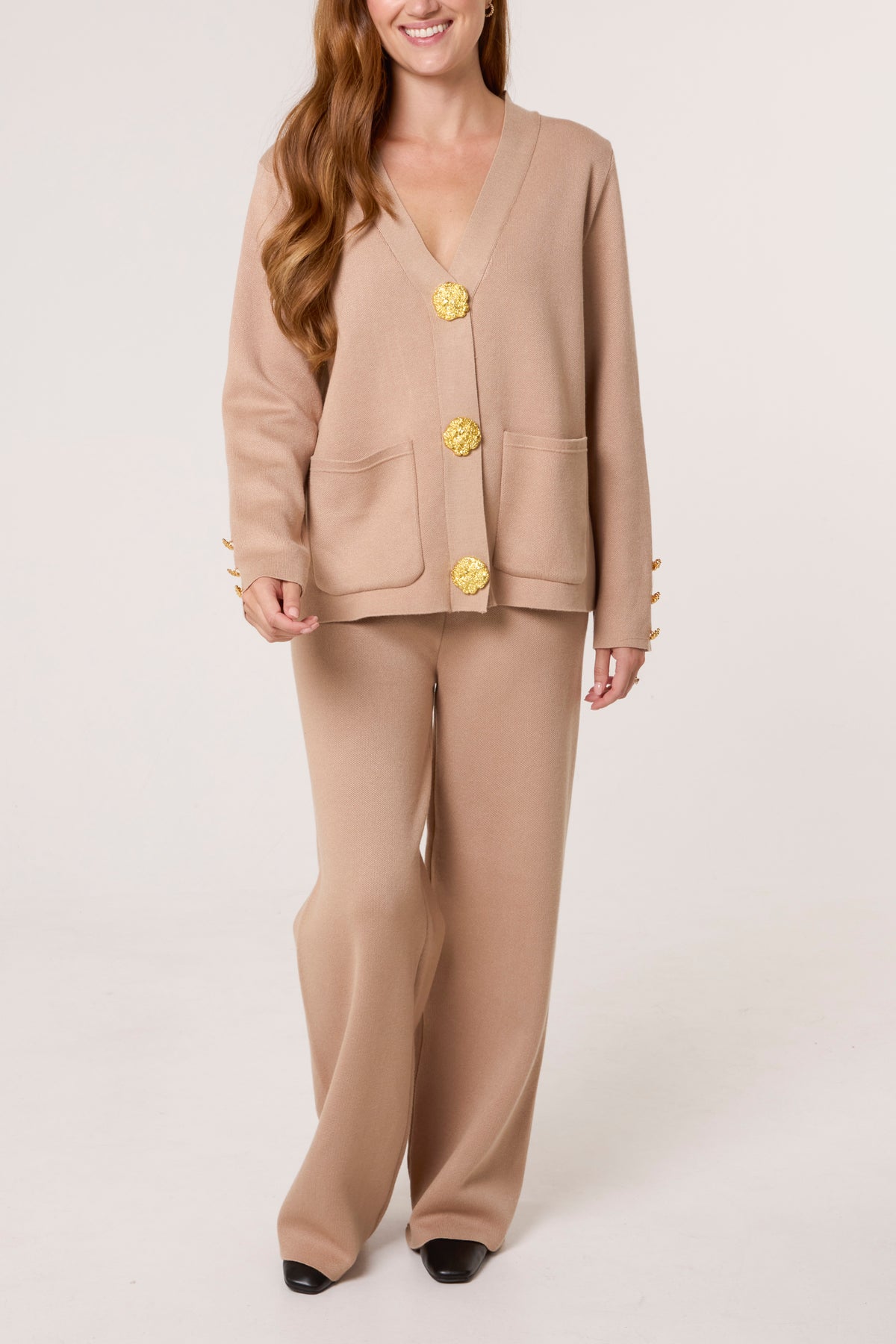 Gold Button Cardigan & Trousers Knit Set