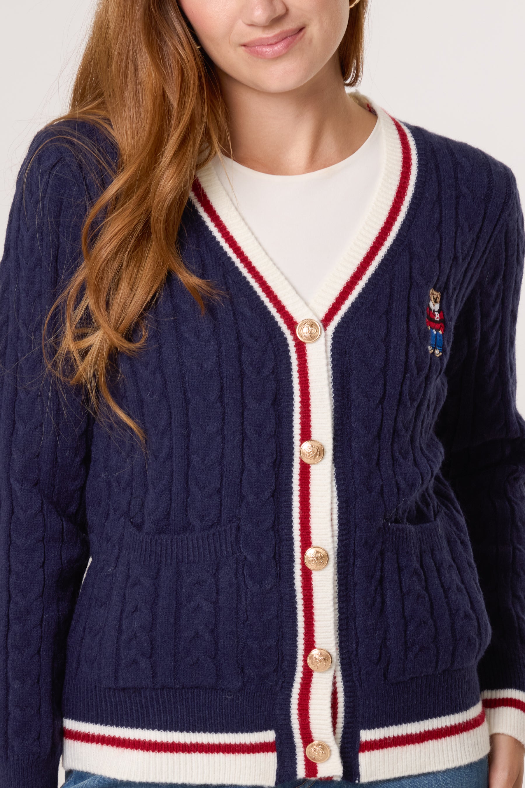 Striped Edge Teddy Bear Gold Button Cardigan