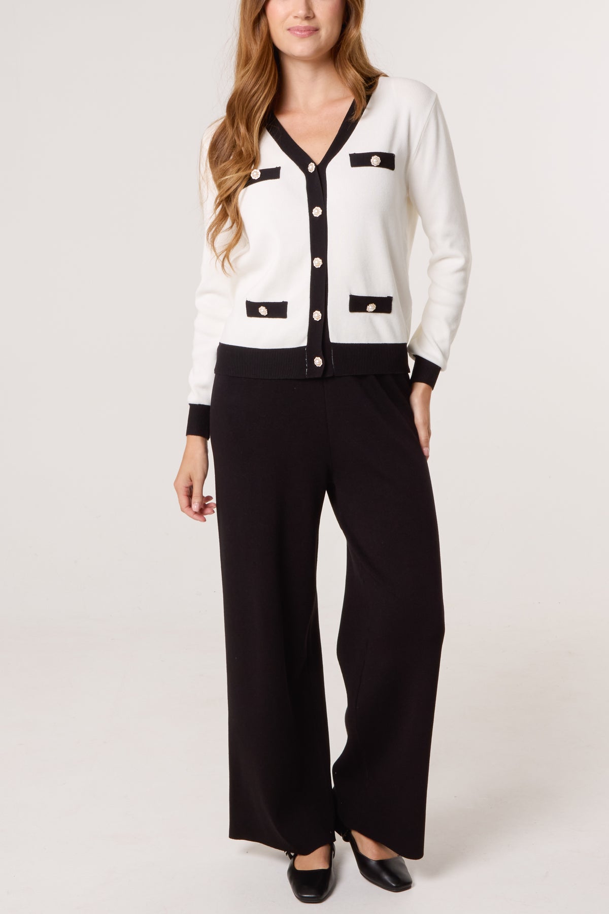 Contrast Pearl Cardigan & Trouser Co-Ord