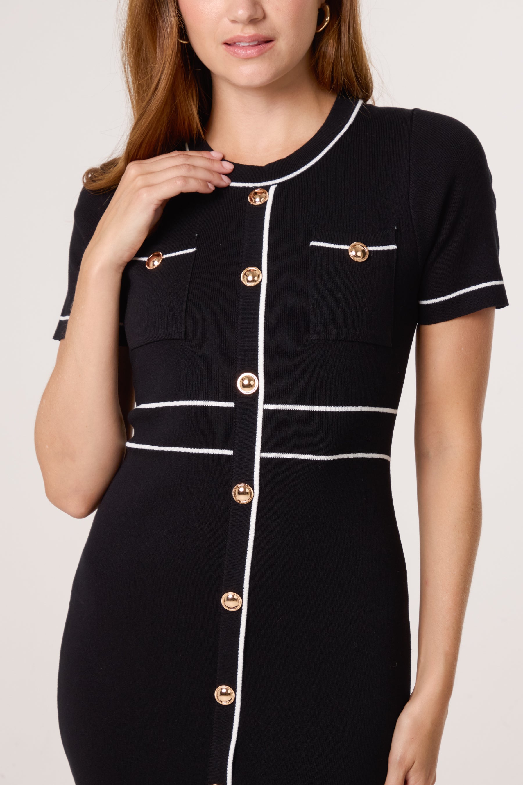 Golden Button Contrast Knit Dress
