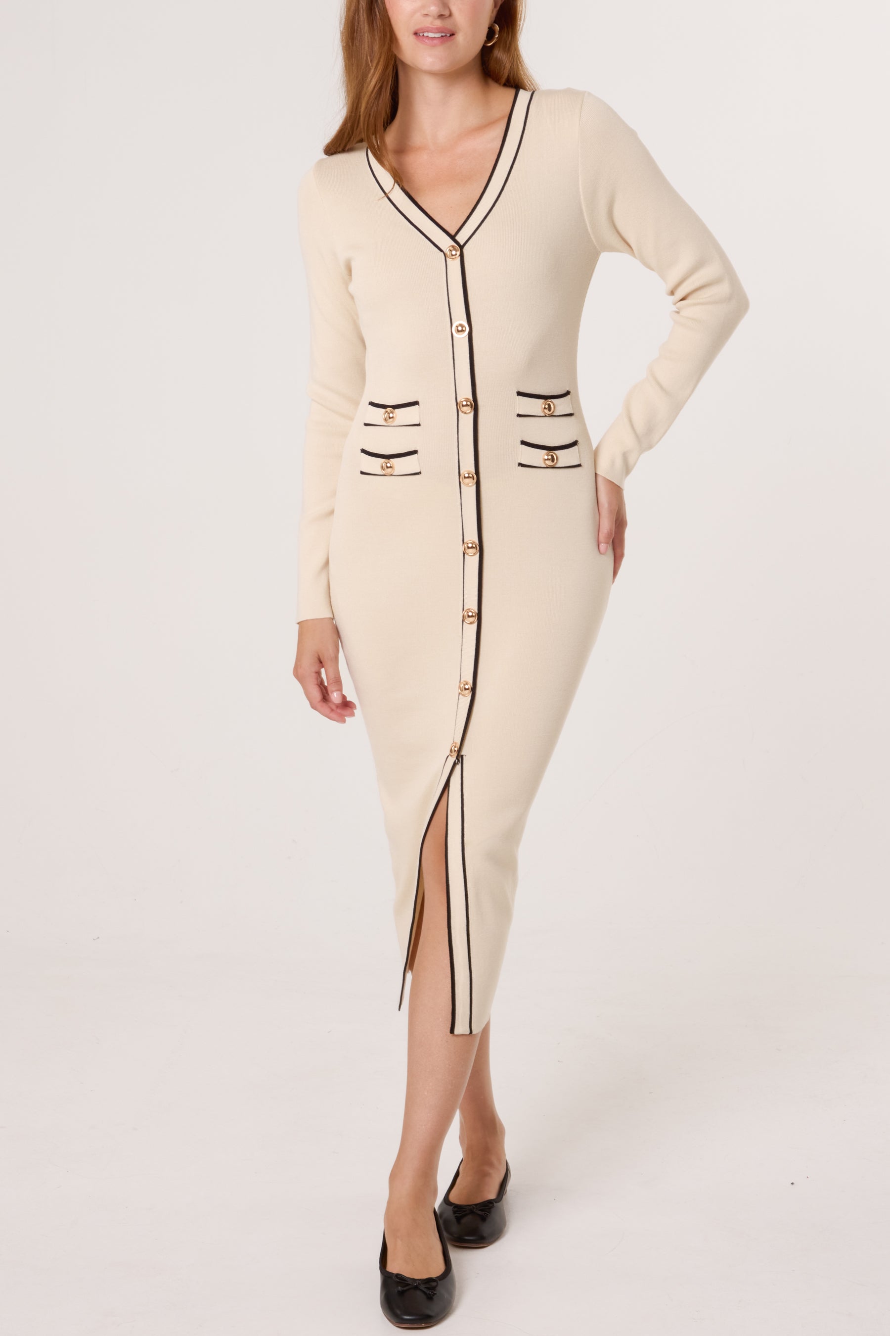 Golden Button Contrast V-Neck Dress