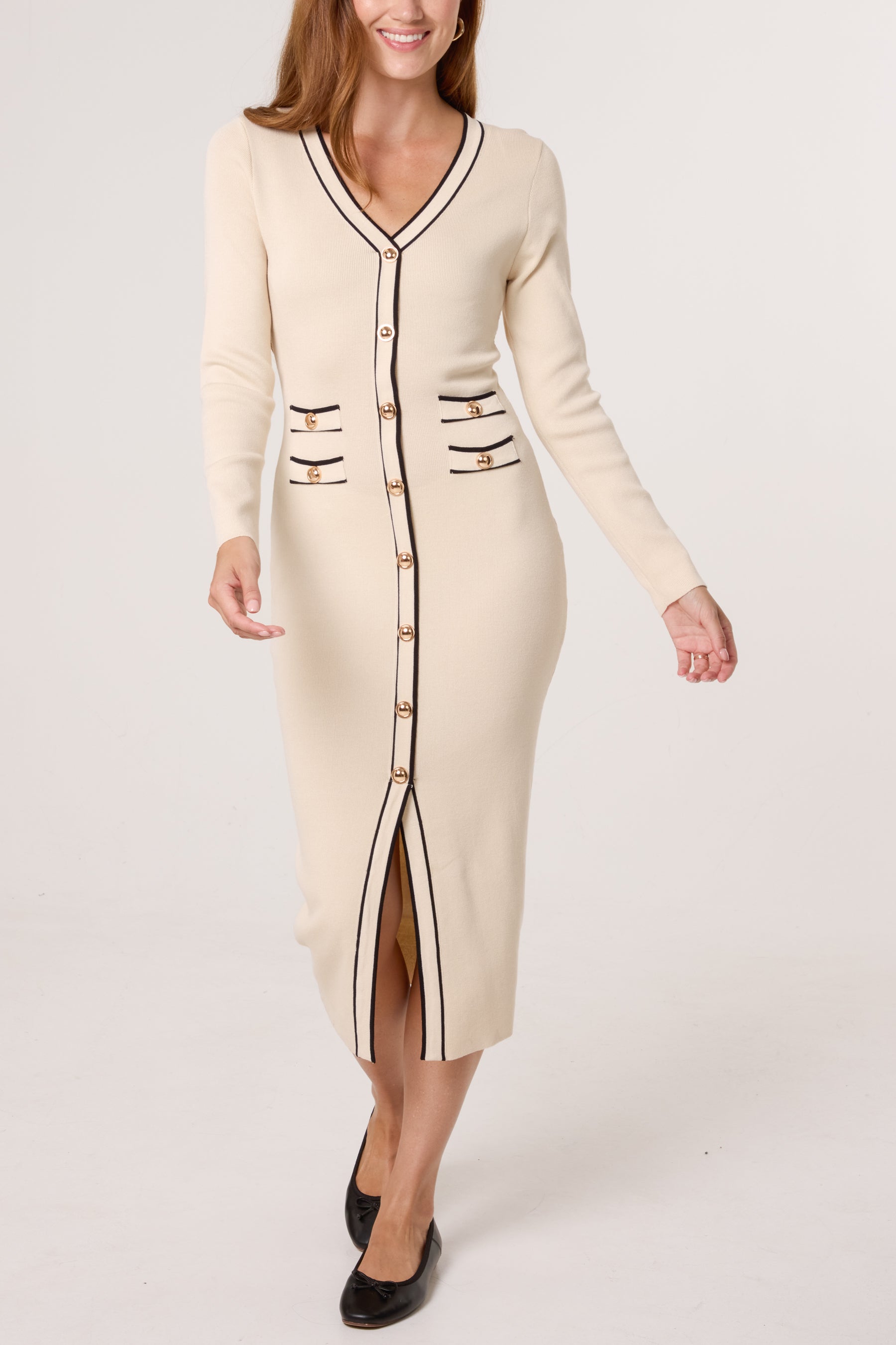 Golden Button Contrast V-Neck Dress