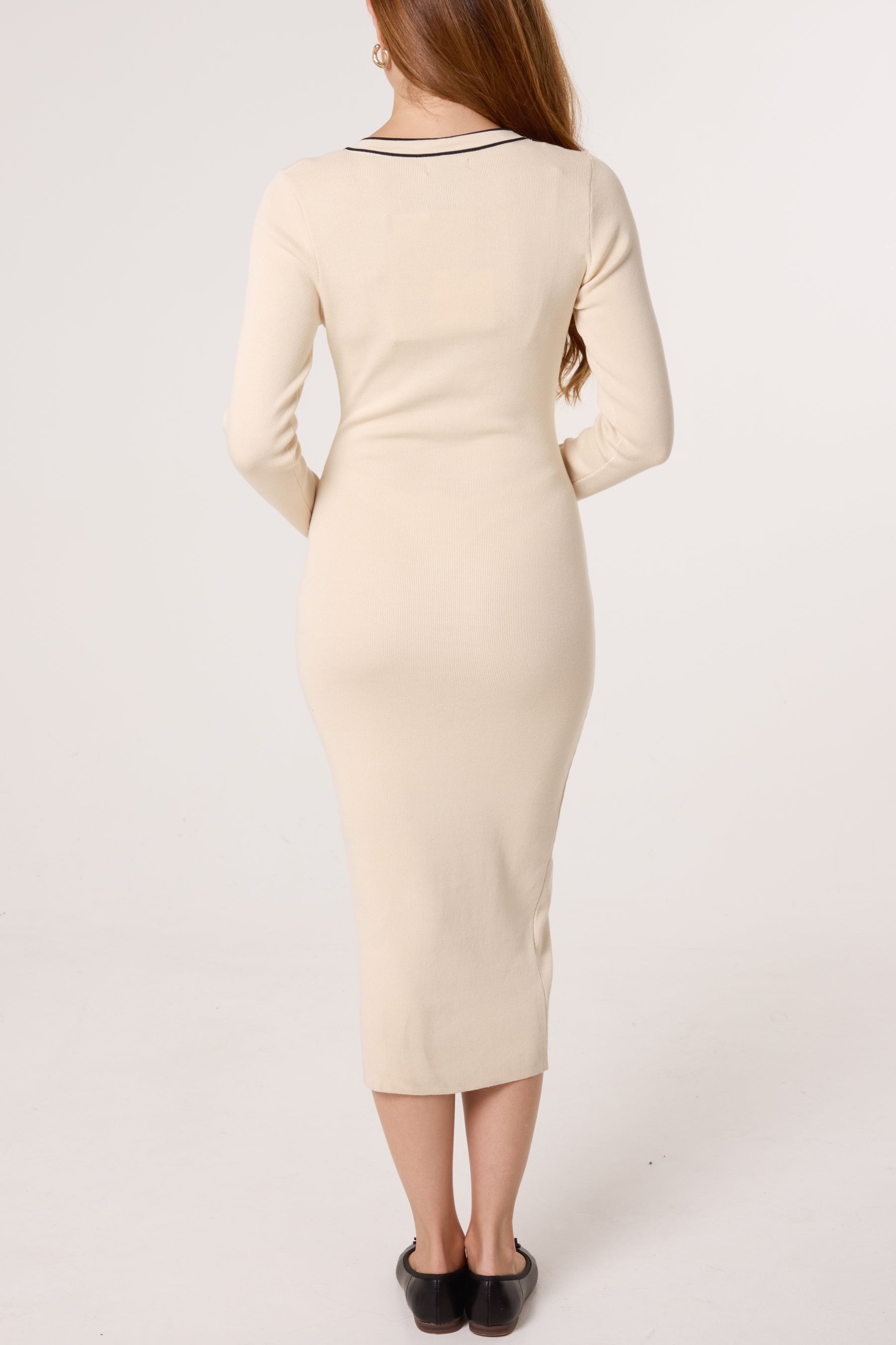 Golden Button Contrast V-Neck Dress
