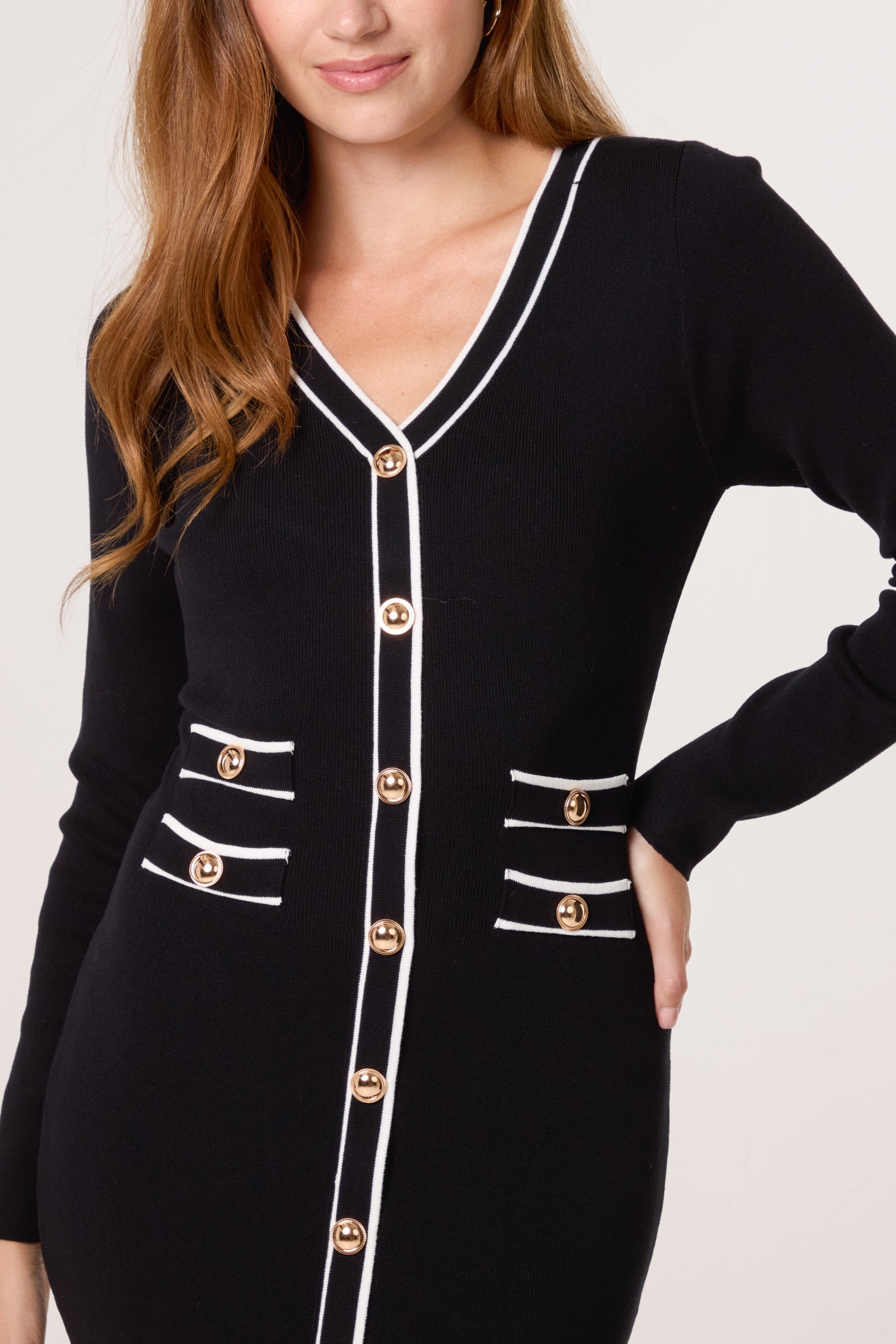 Golden Button Contrast V-Neck Dress