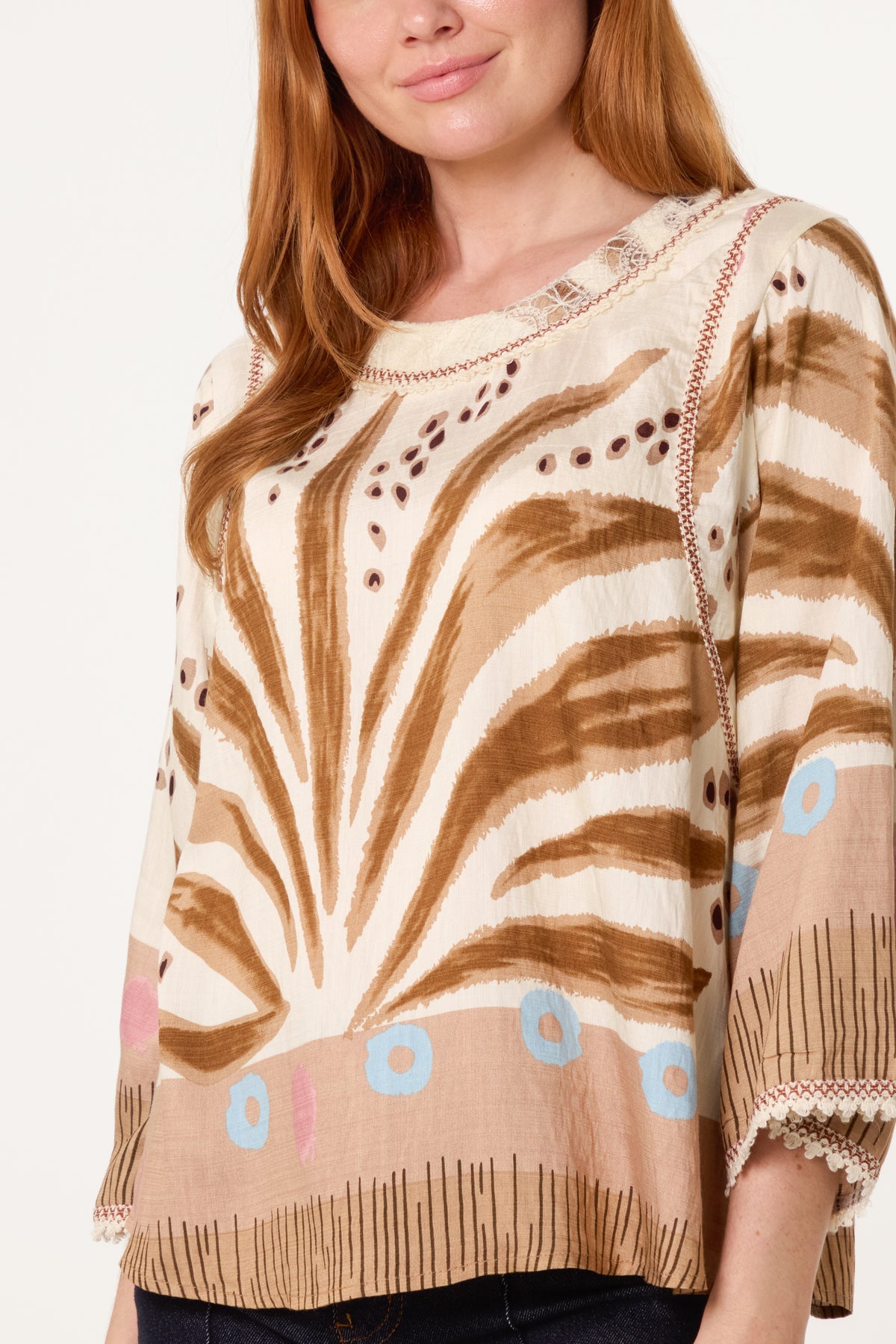 Abstract Leaf Print Embroidery Top