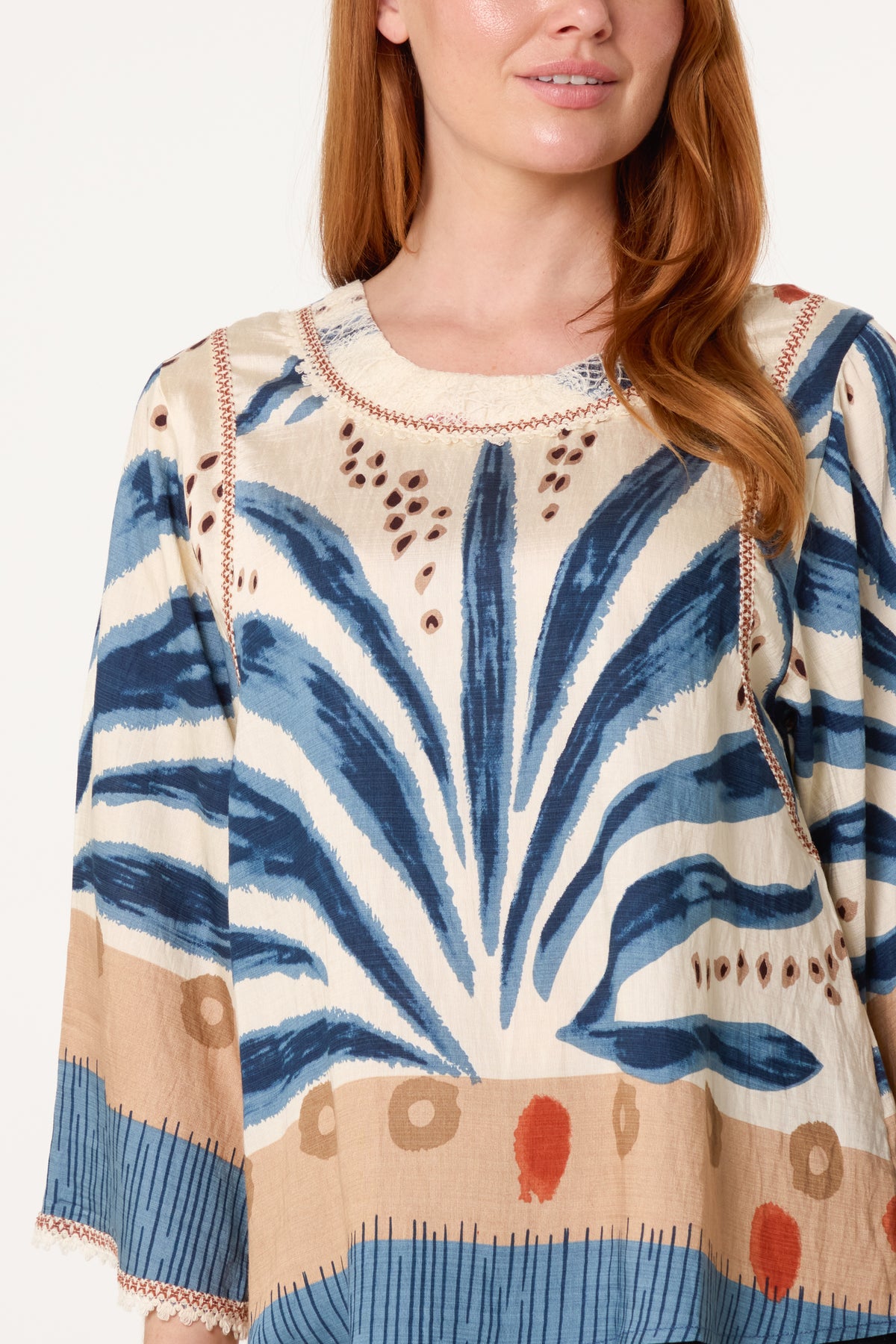 Abstract Leaf Print Embroidery Top
