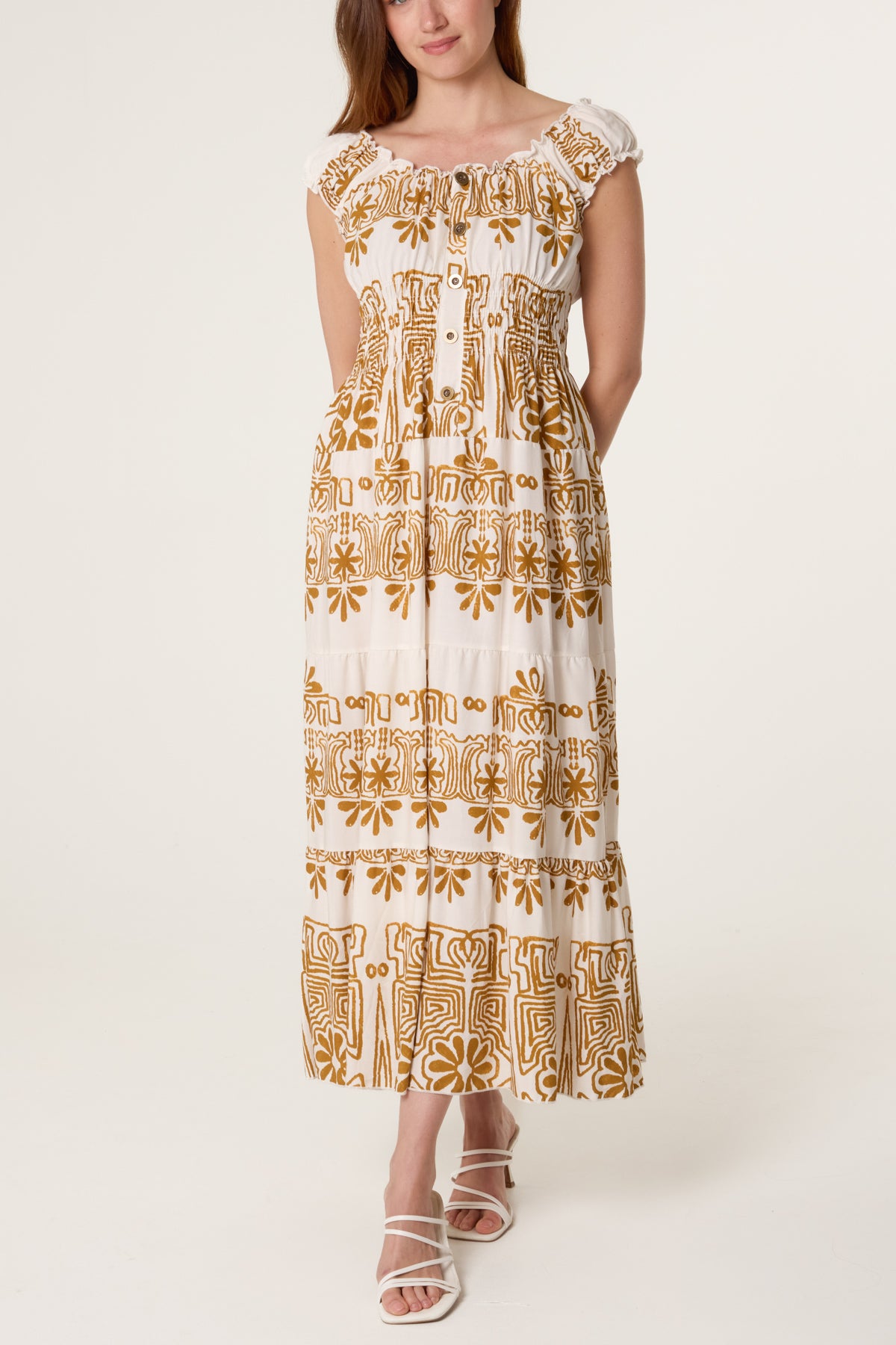 Elastic Neck Abstract Tiered Dress