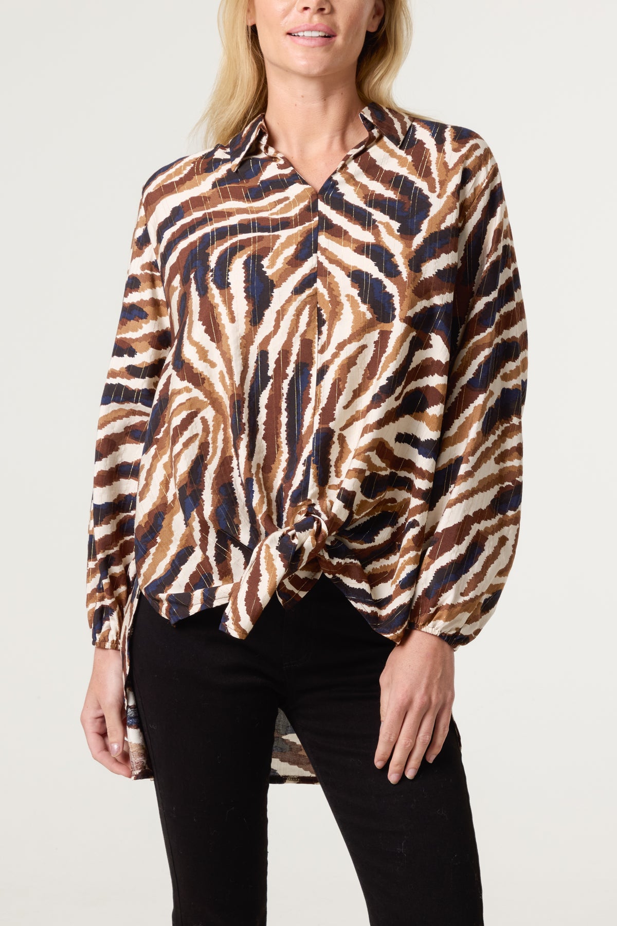 Front Knot Metallic Zebra Print Shirt