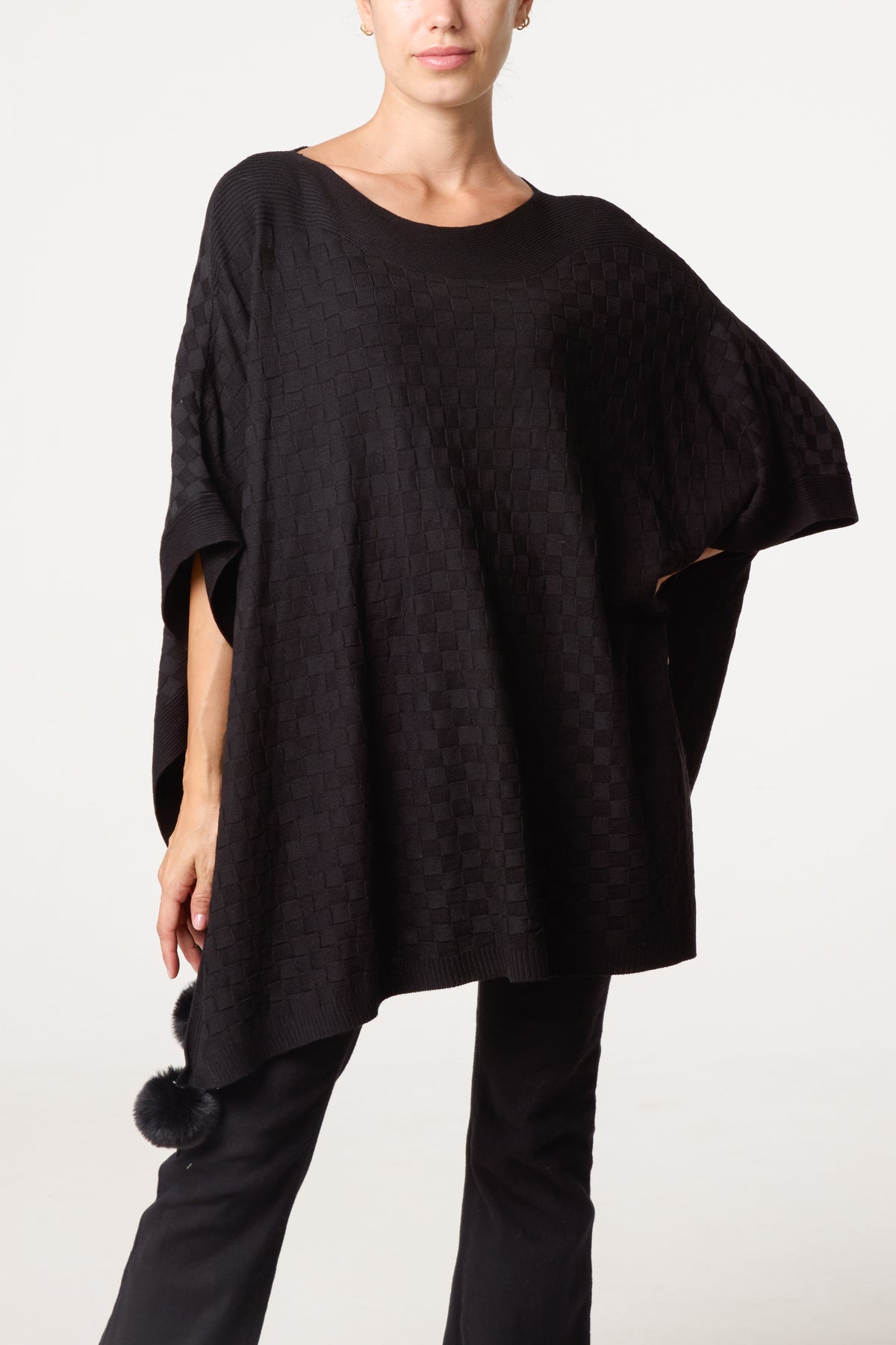 Pom-Pom Trimmed Knit Poncho