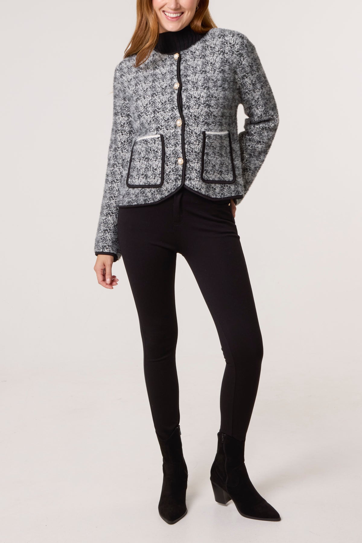 Boucle Knit Pearl Button Cardigan