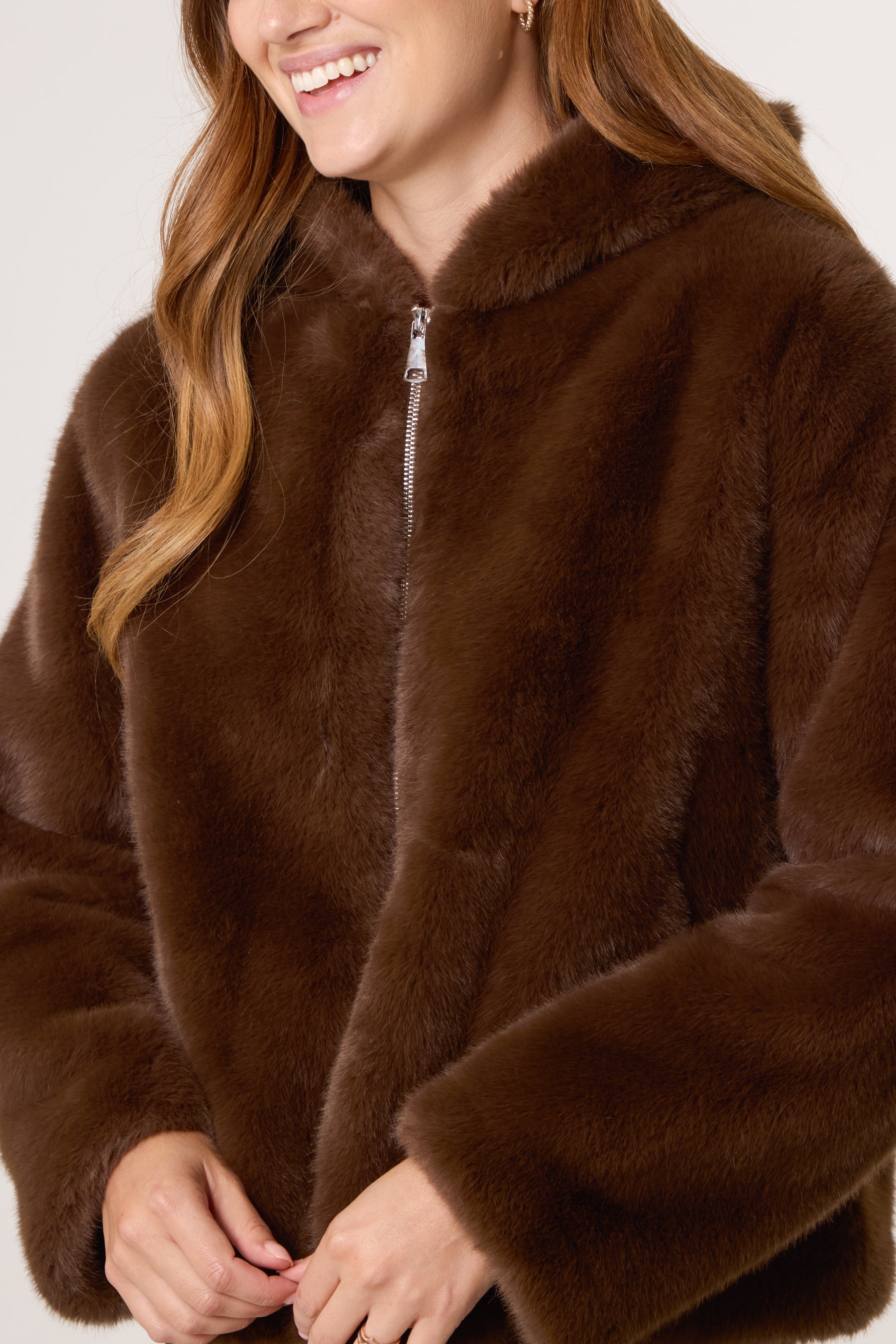 Faux Fur Zip-Up Hooded Coat