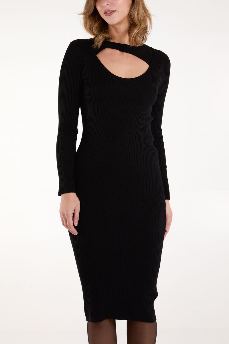 Keyhole Ribbed Knit Midi Dress