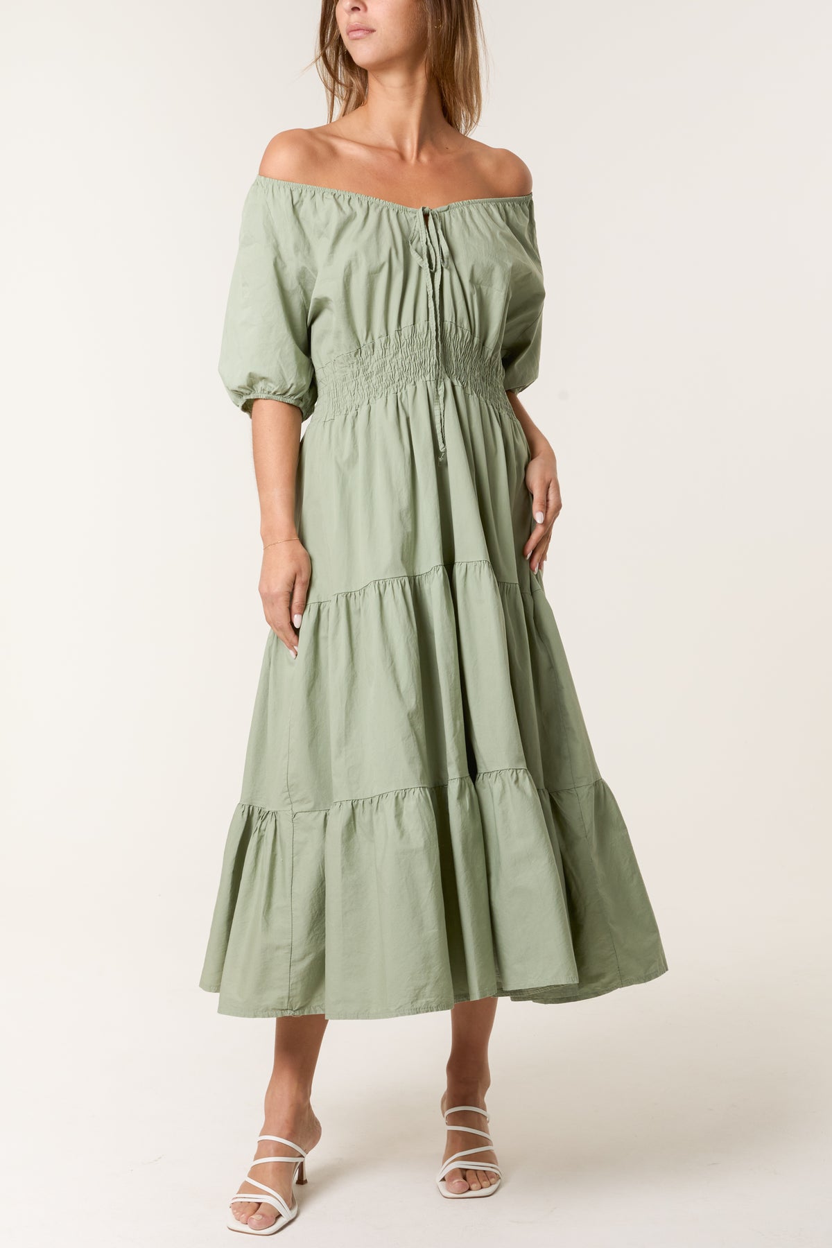 Cotton Puff Sleeve Shirred & Tiered Dress