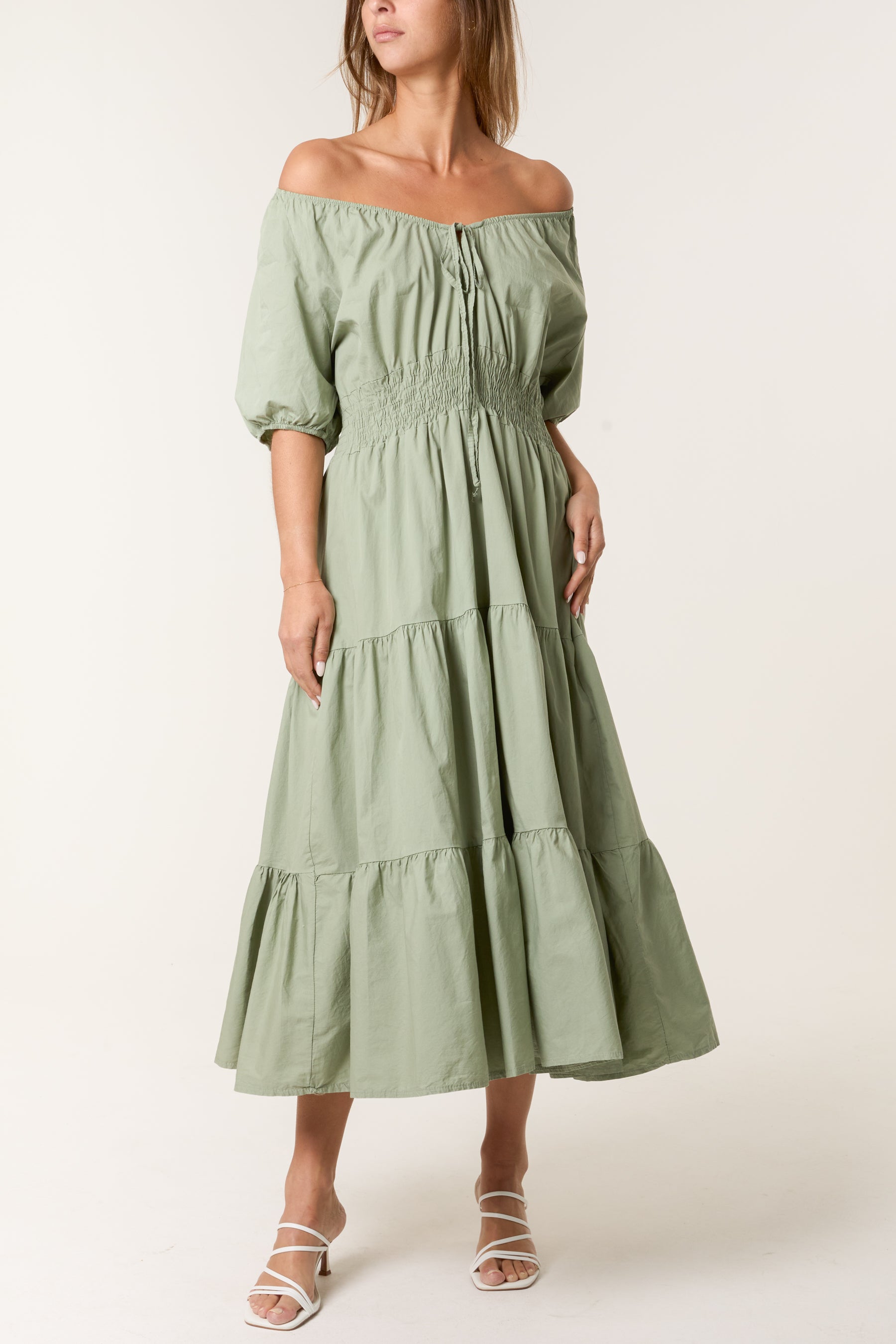 Cotton Puff Sleeve Shirred & Tiered Dress