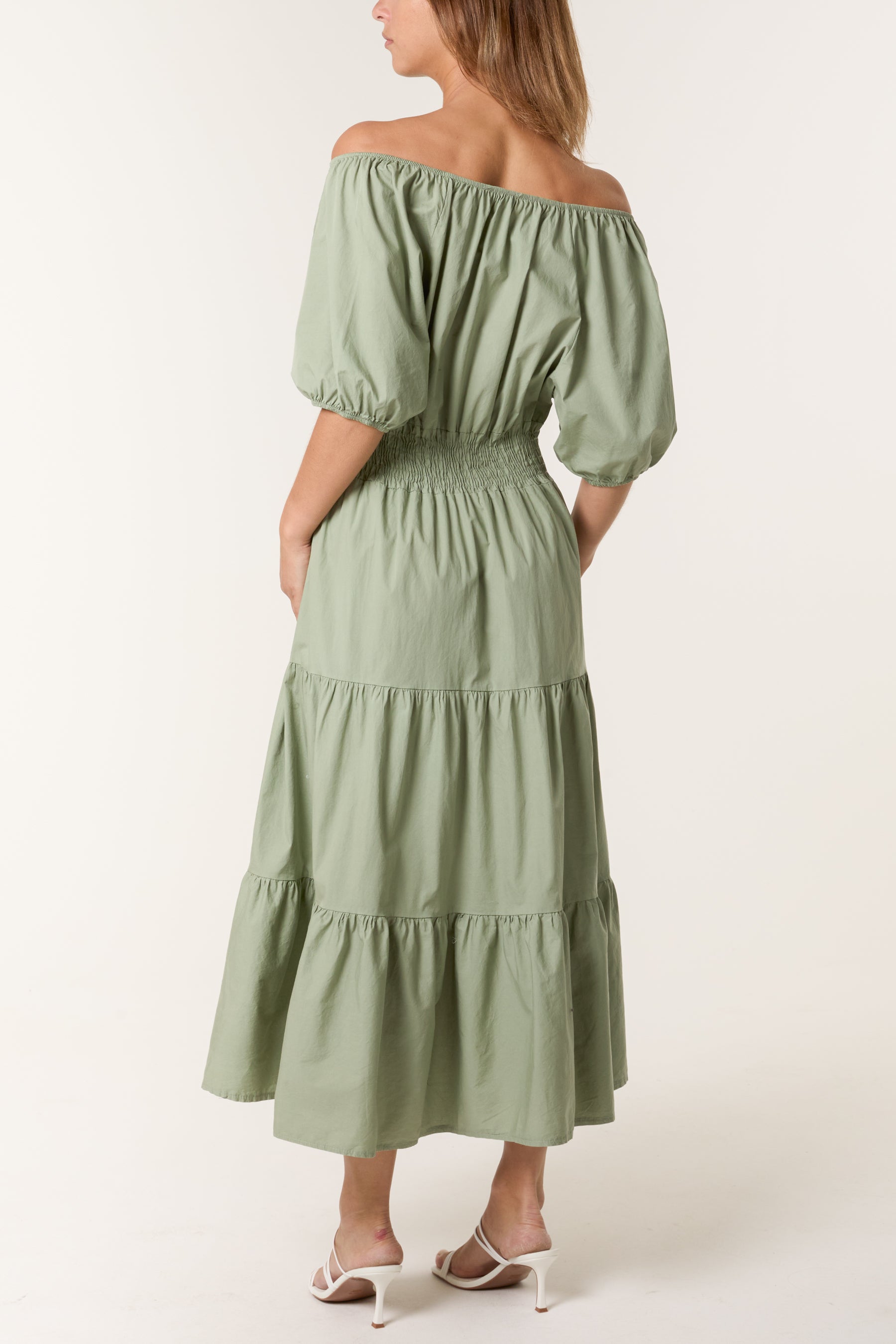 Cotton Puff Sleeve Shirred & Tiered Dress