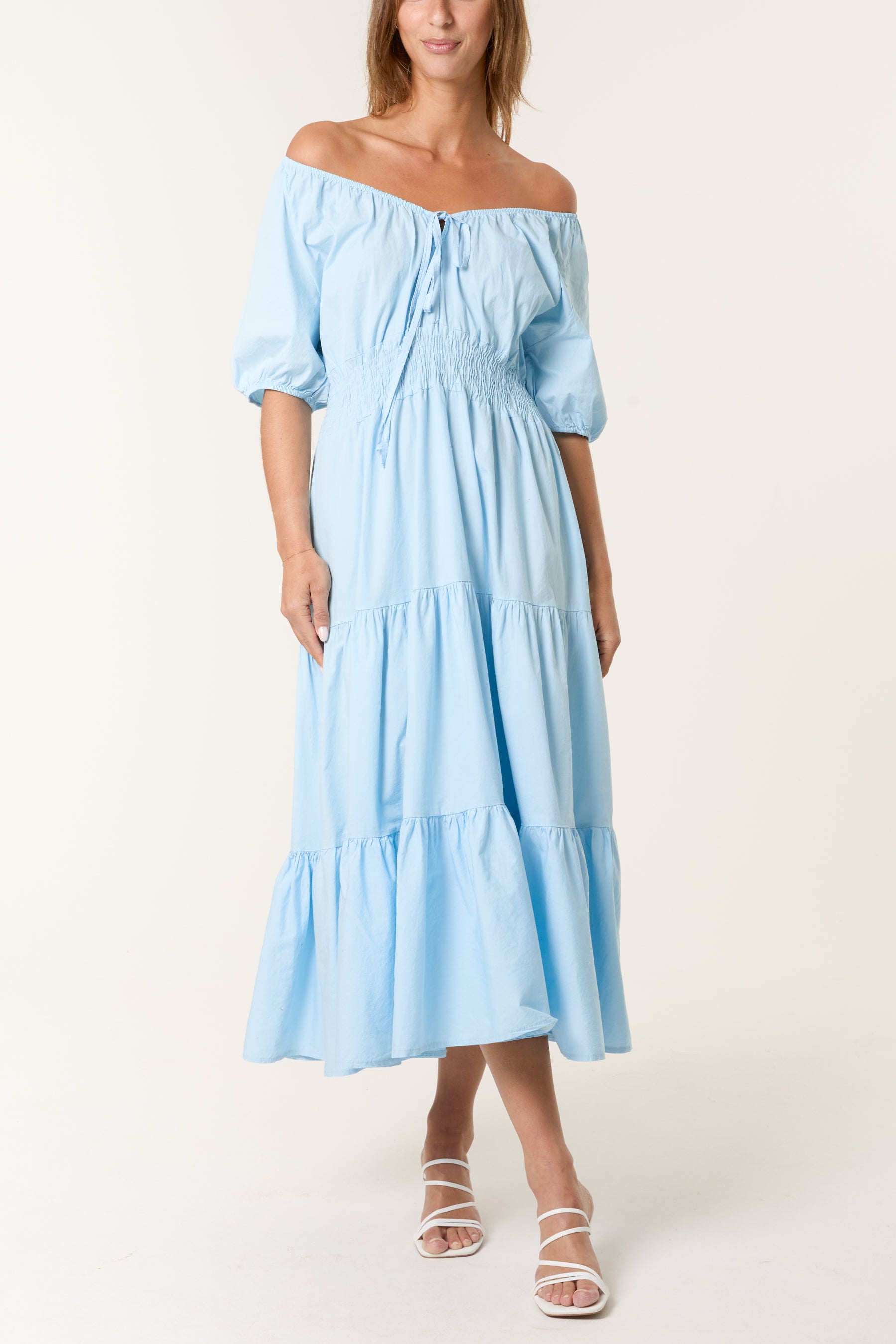 Cotton Puff Sleeve Shirred & Tiered Dress
