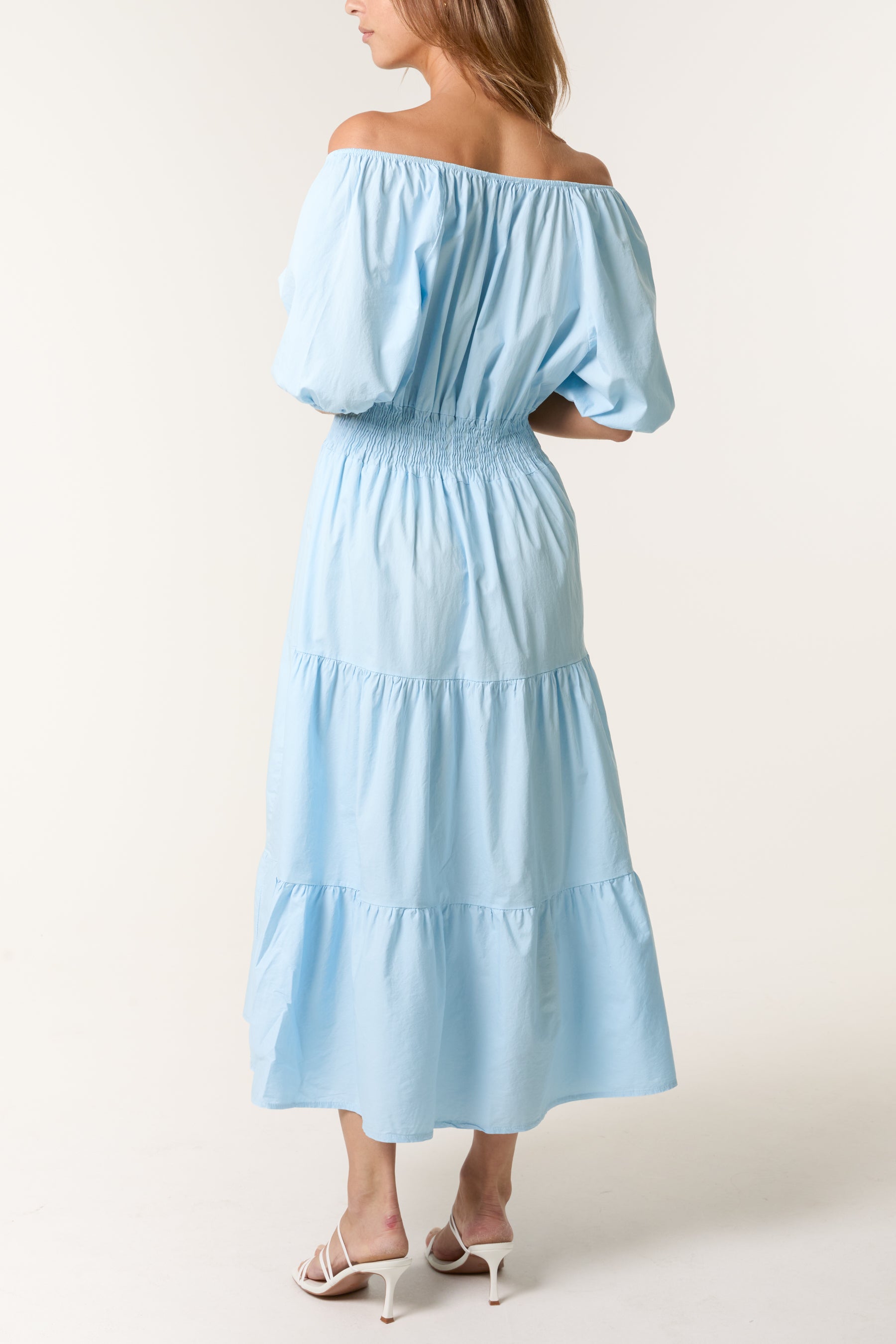 Cotton Puff Sleeve Shirred & Tiered Dress