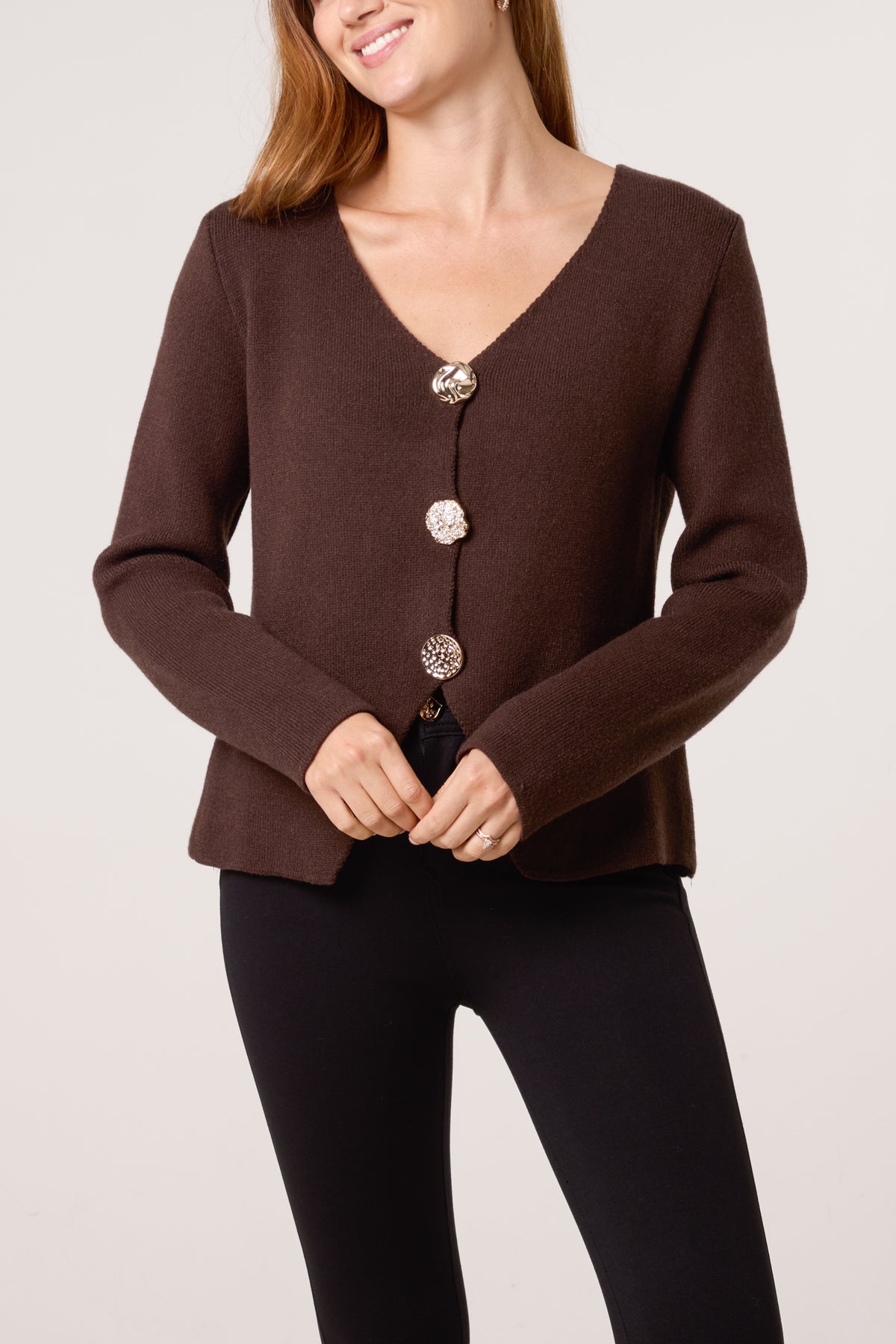 Gold Button V-Neck Cardigan