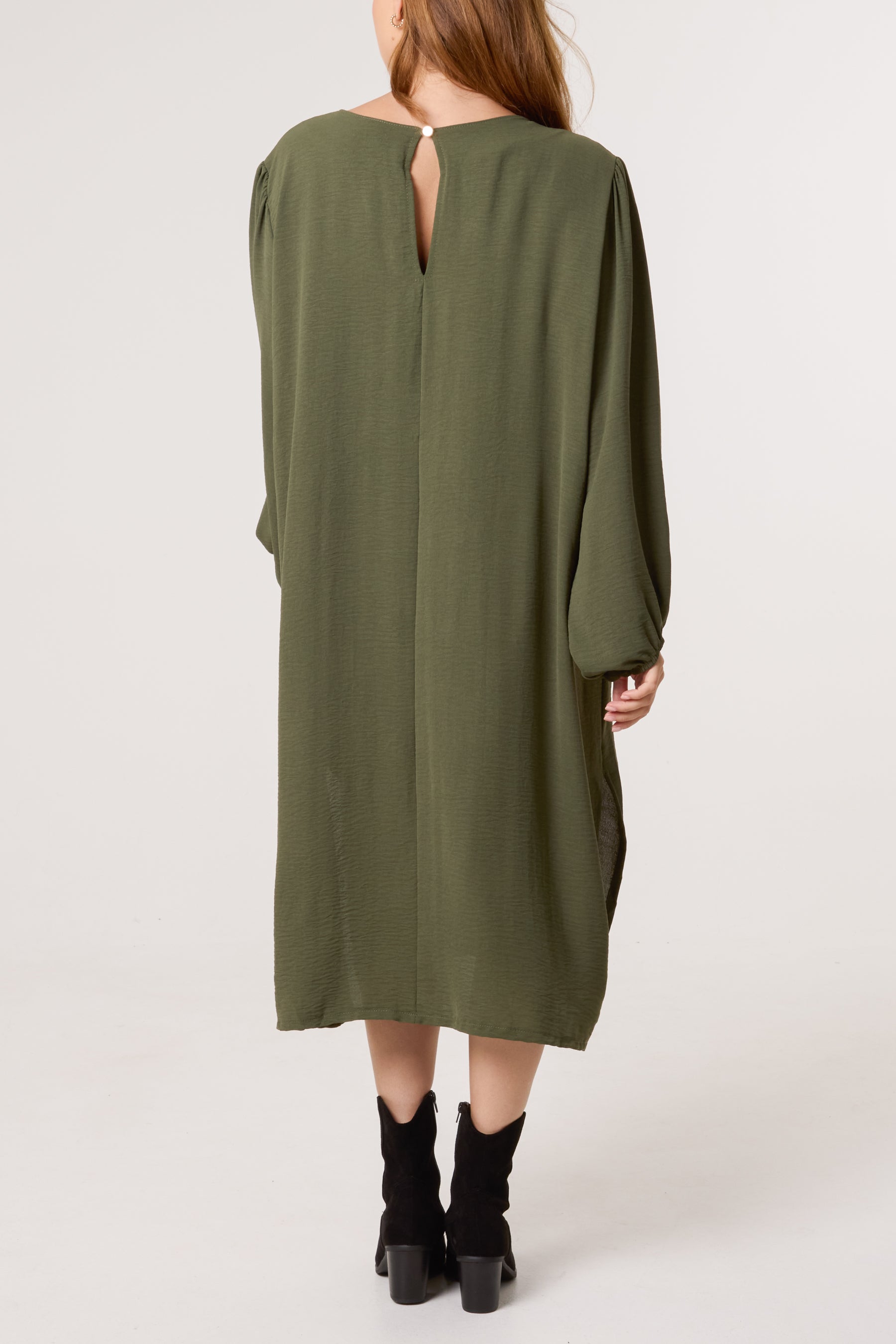 V-Neck Puffball Sleeve Midi Dress