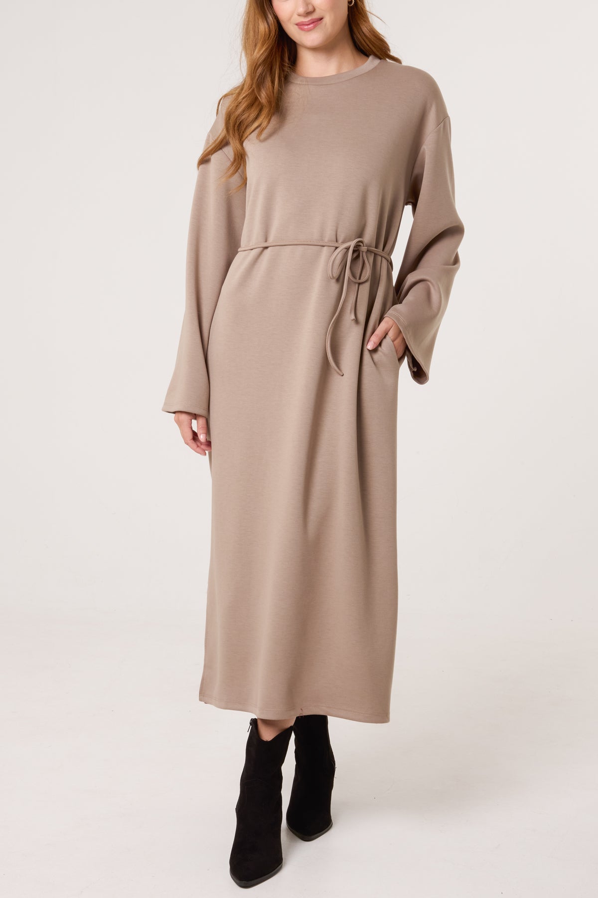 Round Neck Belted Midi Sweat Dress