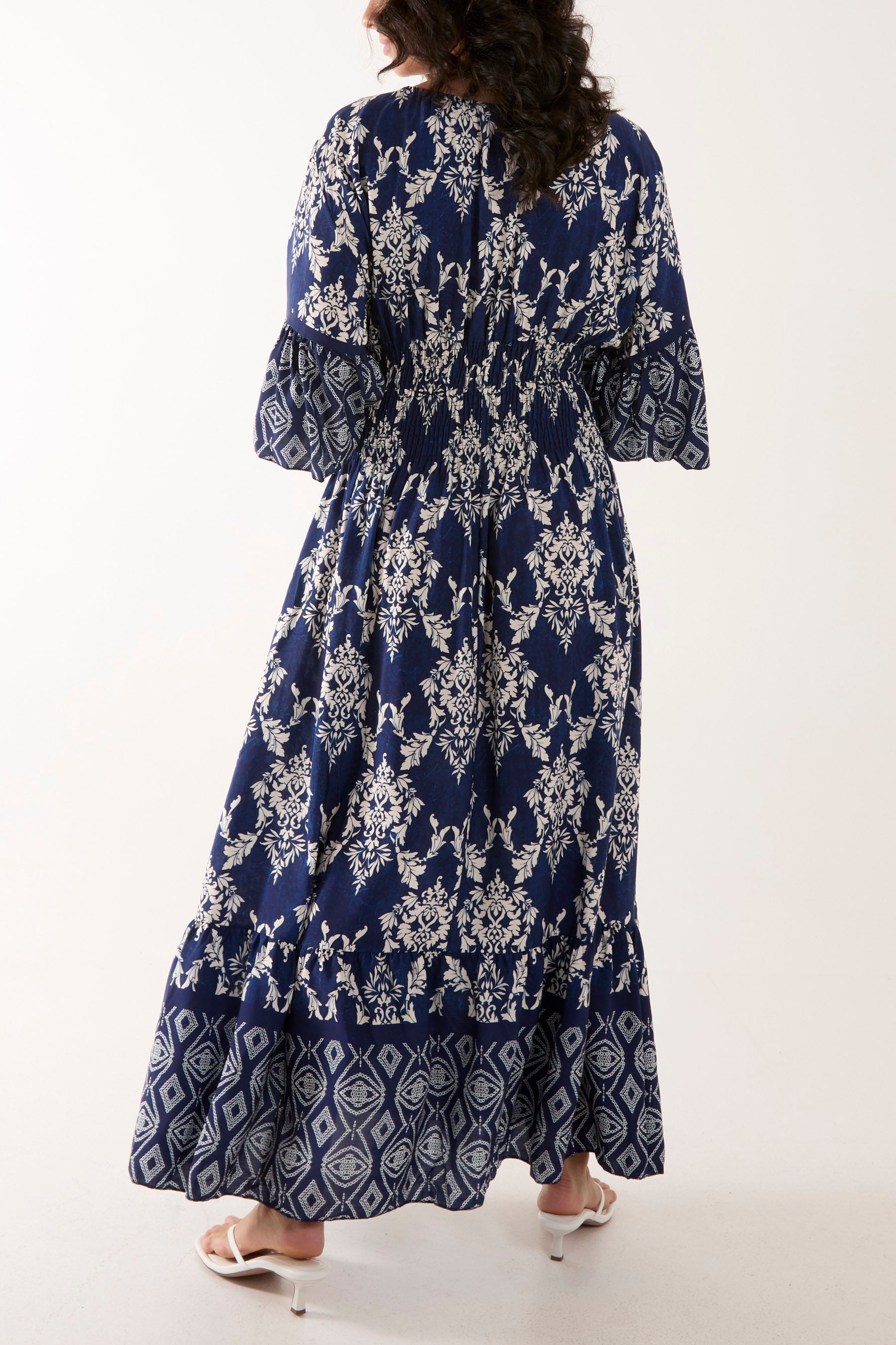 Shirred Waist Border Print Dress