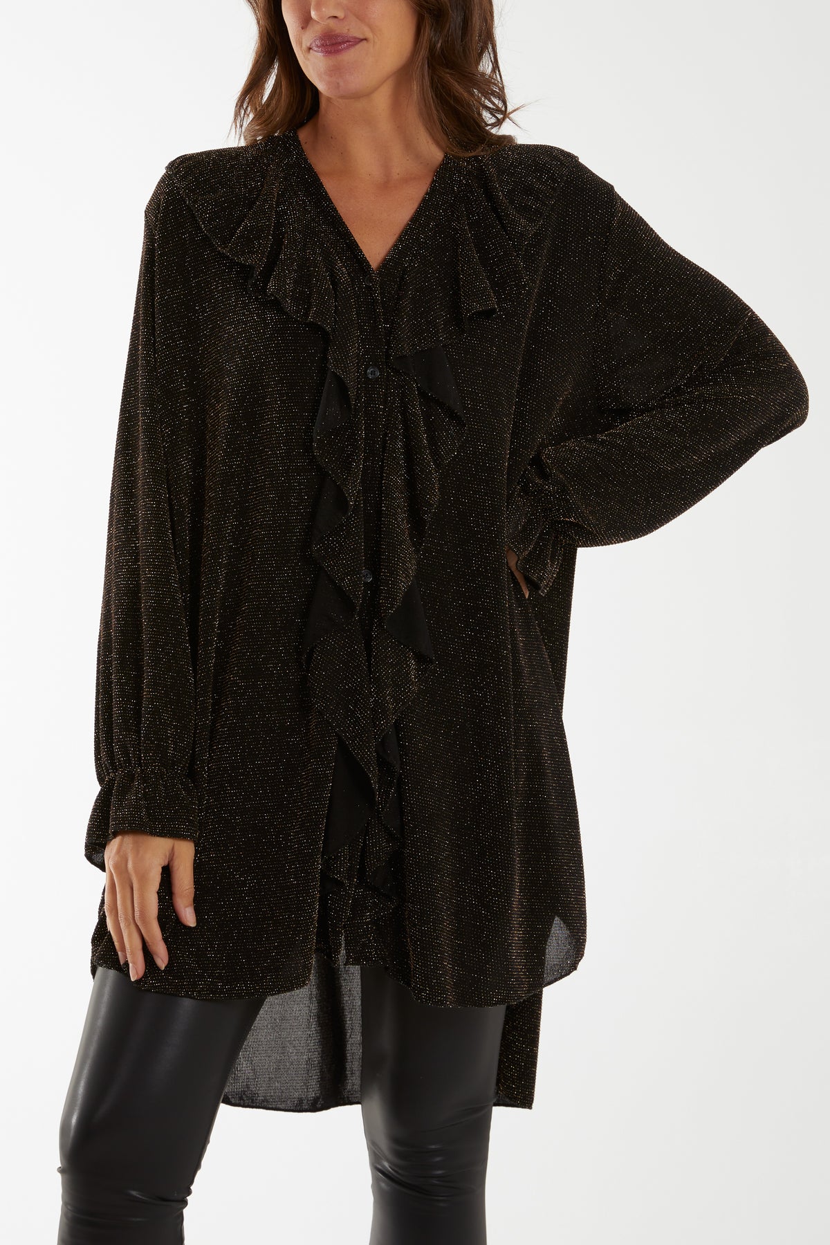 Glitter Lurex Ruffle Flounce Button Blouse