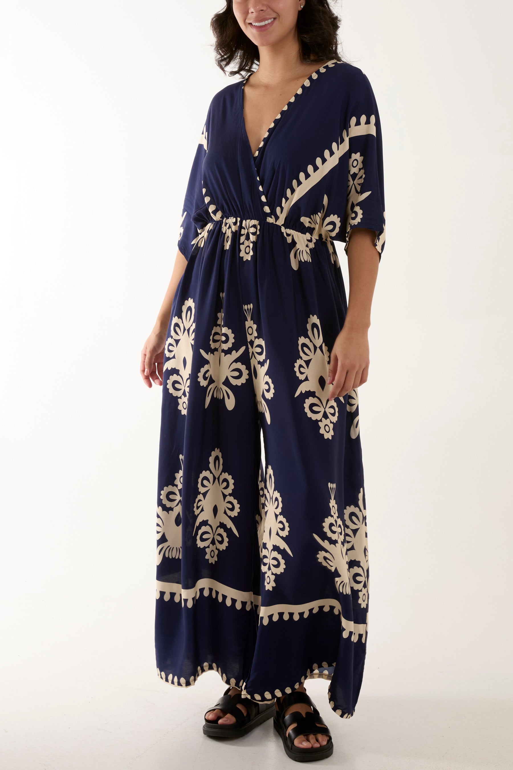 Printed V-Neck Wide Leg Jumpsuit