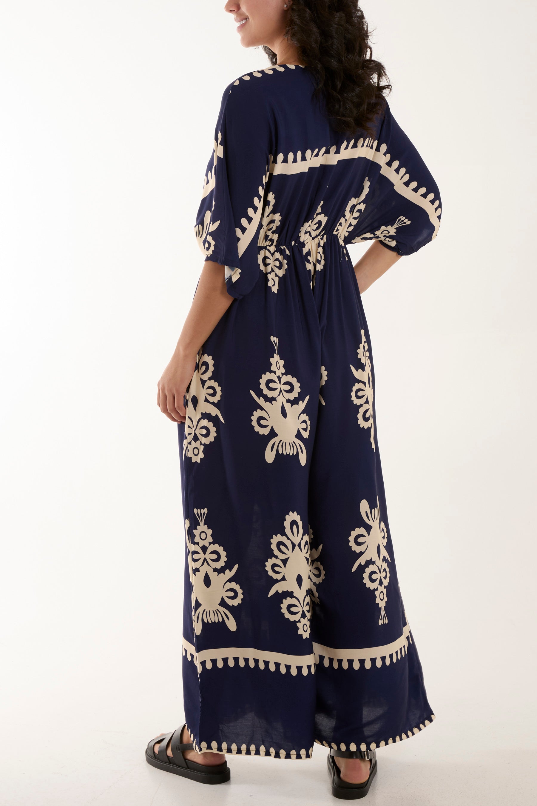 Printed V-Neck Wide Leg Jumpsuit