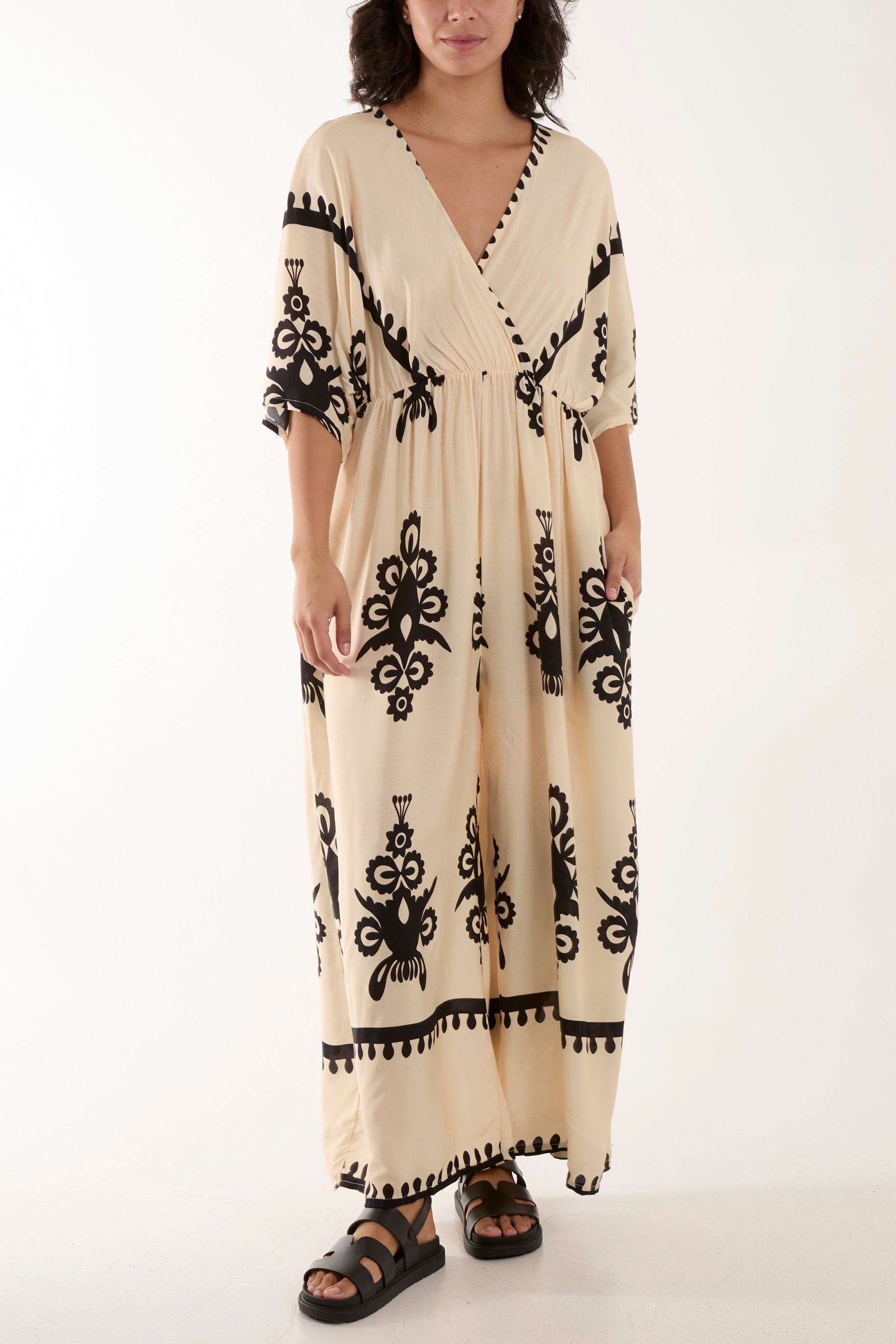 Printed V-Neck Wide Leg Jumpsuit