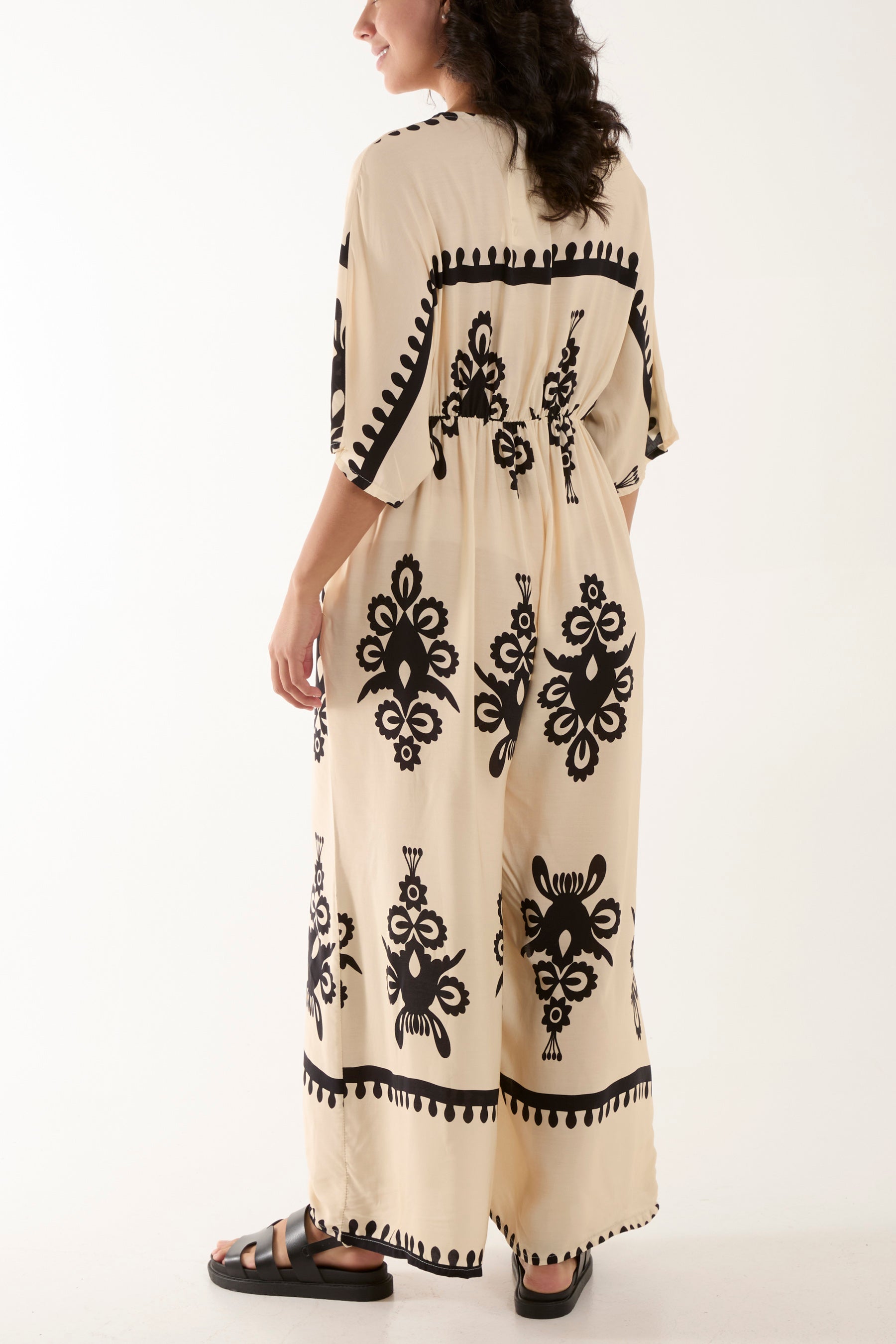 Printed V-Neck Wide Leg Jumpsuit