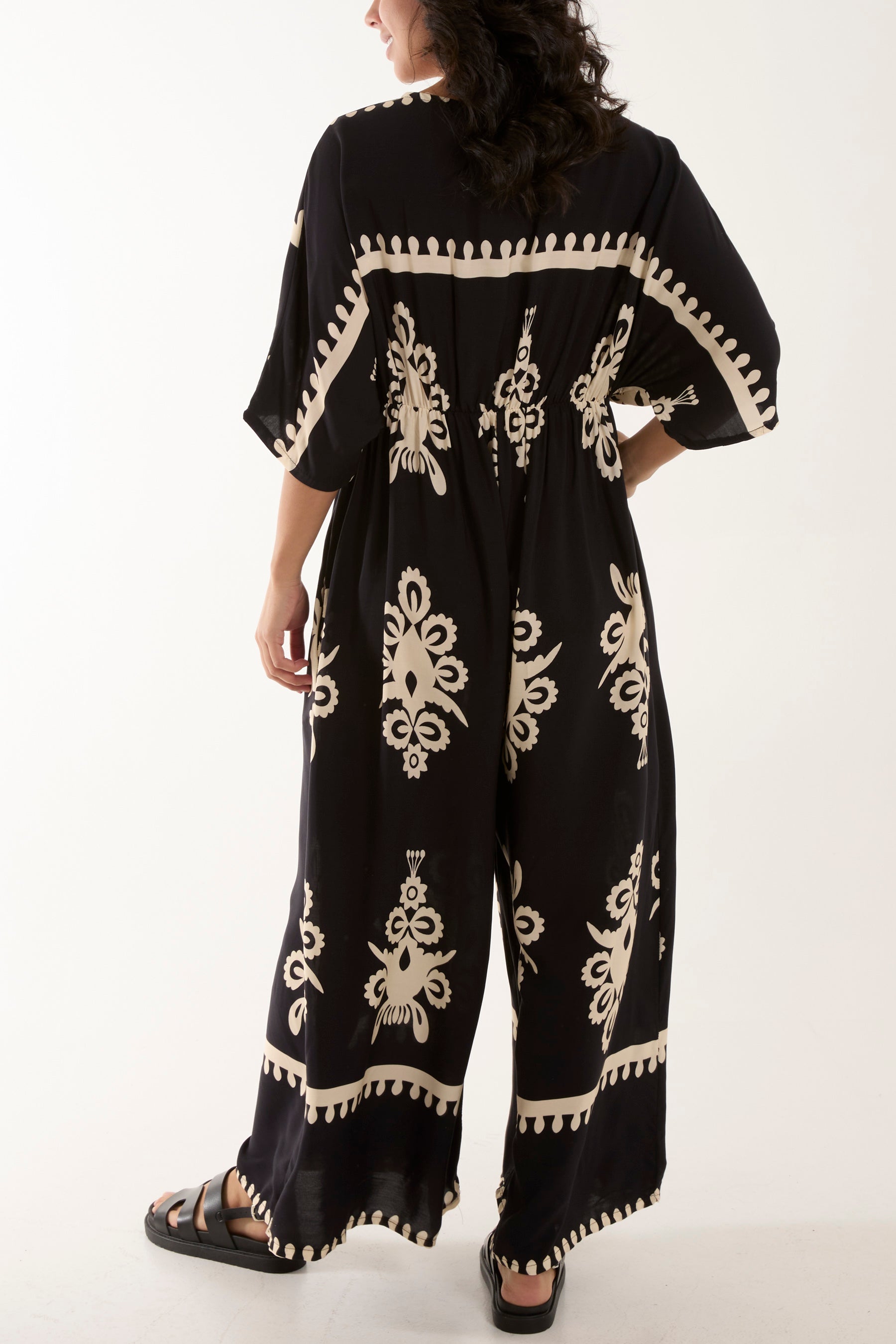 Printed V-Neck Wide Leg Jumpsuit