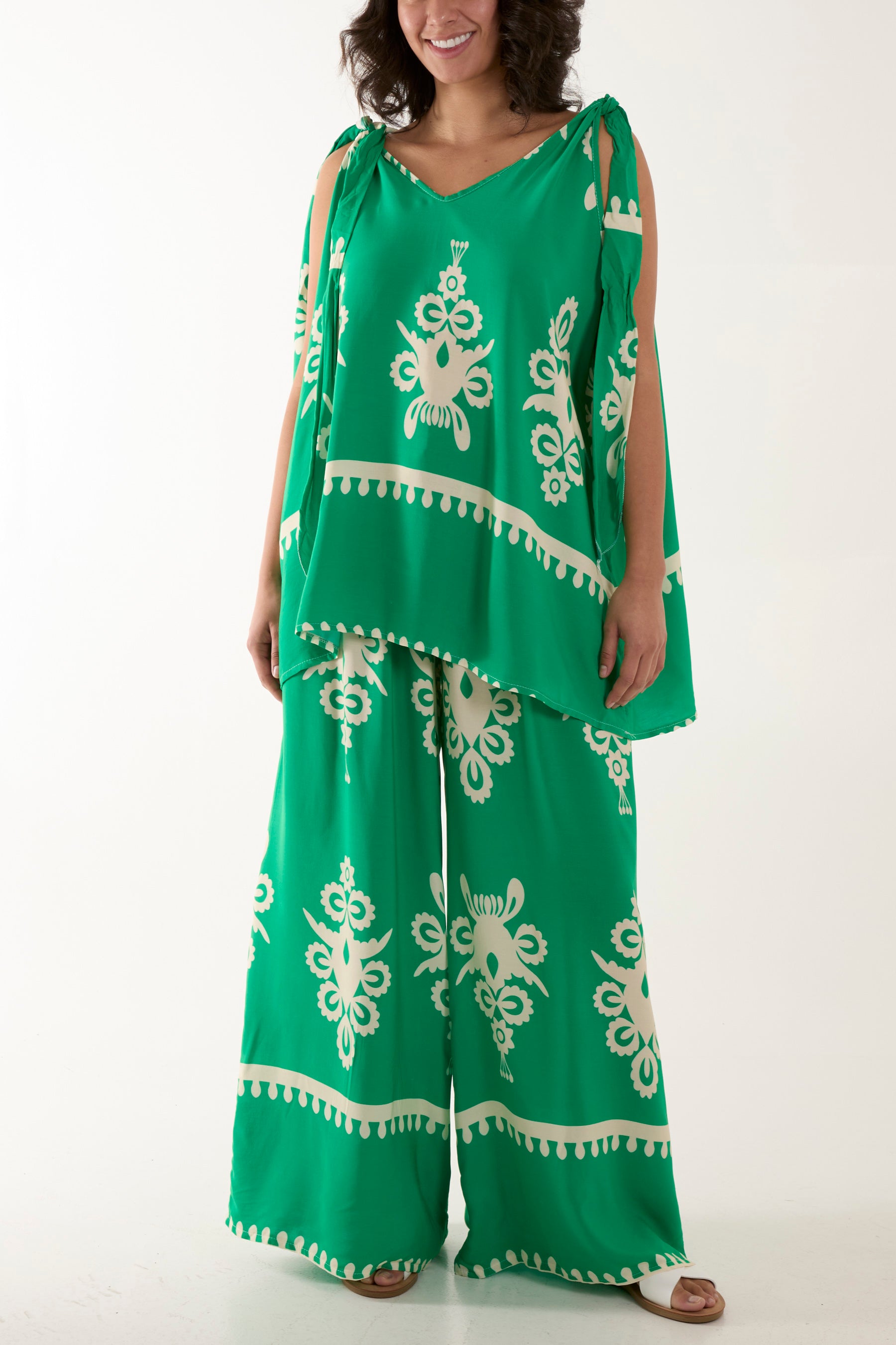 Tie Shoulder Vest & Trouser Printed Co-Ord